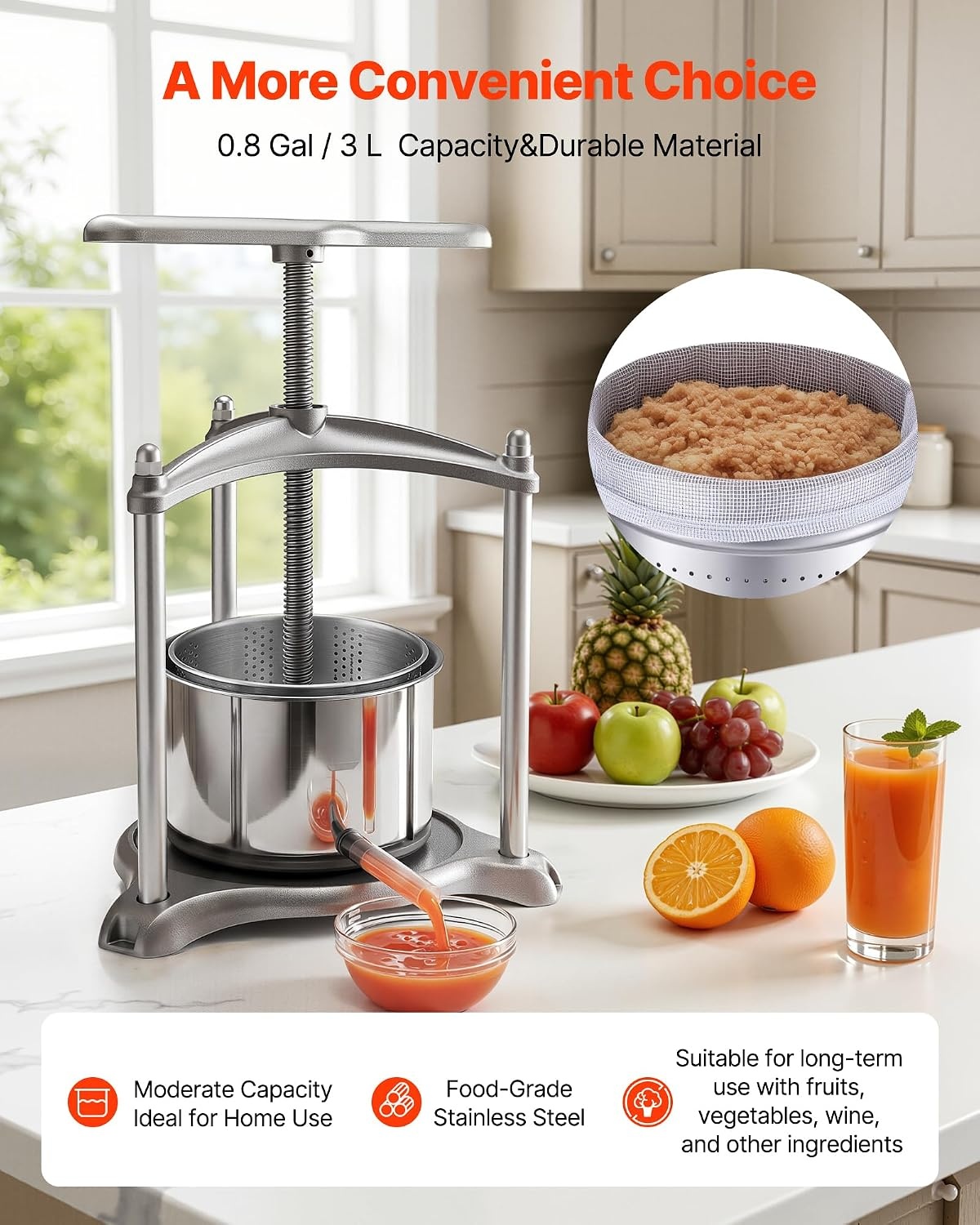 image:imageVEVOR 044 Gal165L Fruit Wine Press 2 Stainless Steel Barrels Manual Juice Maker Cider Apple Grape Tincture Honey Olive Oil Making Press with THandle for Outdoor Kitchen HomeSilver