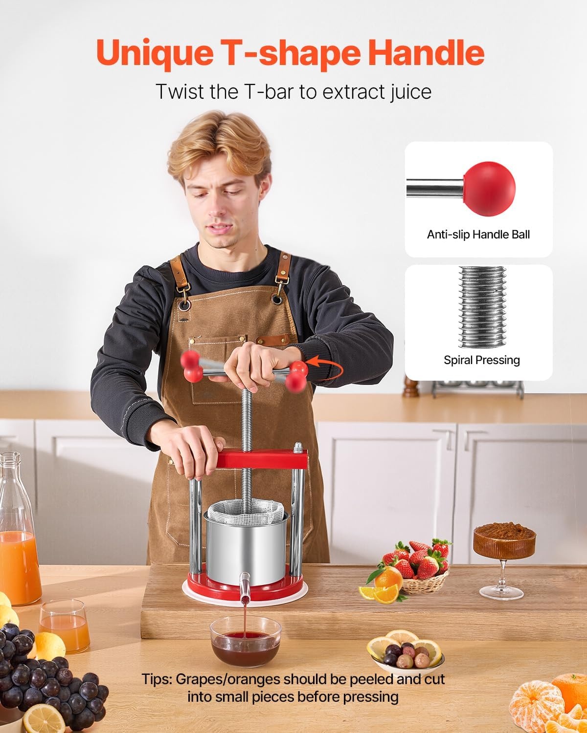 image:imageVEVOR 044 Gal165L Fruit Wine Press 2 Stainless Steel Barrels Manual Juice Maker Cider Apple Grape Tincture Honey Olive Oil Making Press with THandle for Outdoor Kitchen HomeRed