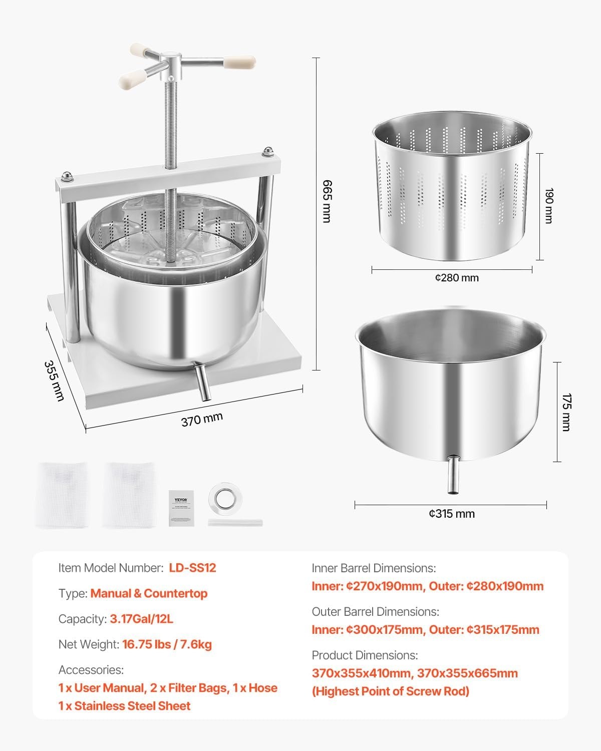 image:imageVEVOR 044 Gal165L Fruit Wine Press 2 Stainless Steel Barrels Manual Juice Maker Cider Apple Grape Tincture Honey Olive Oil Making Press with THandle for Outdoor Kitchen HomeWhite