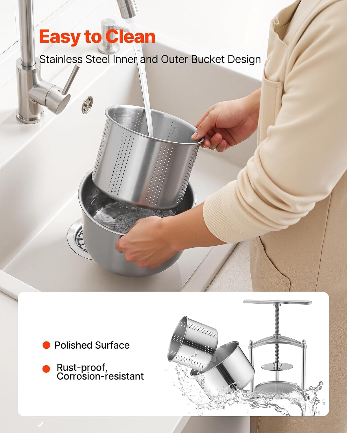 image:imageVEVOR 044 Gal165L Fruit Wine Press 2 Stainless Steel Barrels Manual Juice Maker Cider Apple Grape Tincture Honey Olive Oil Making Press with THandle for Outdoor Kitchen HomeSilver