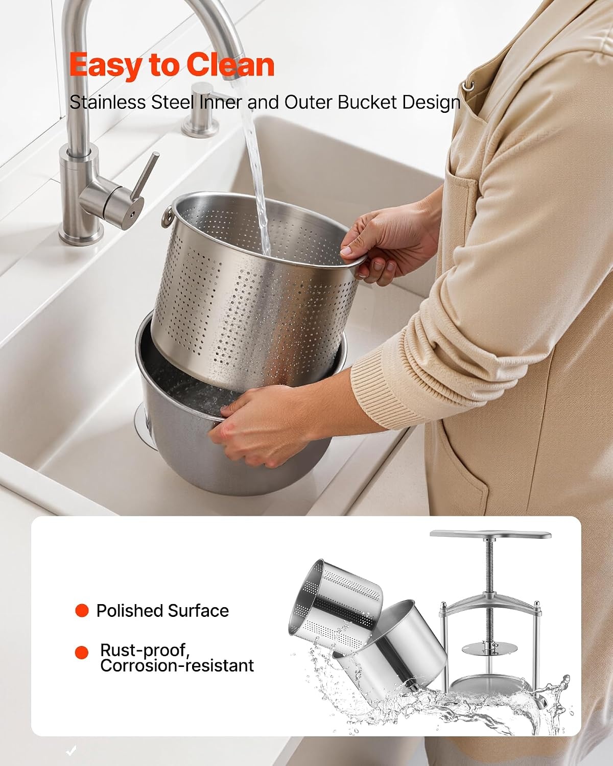 image:imageVEVOR 044 Gal165L Fruit Wine Press 2 Stainless Steel Barrels Manual Juice Maker Cider Apple Grape Tincture Honey Olive Oil Making Press with THandle for Outdoor Kitchen HomeSilver
