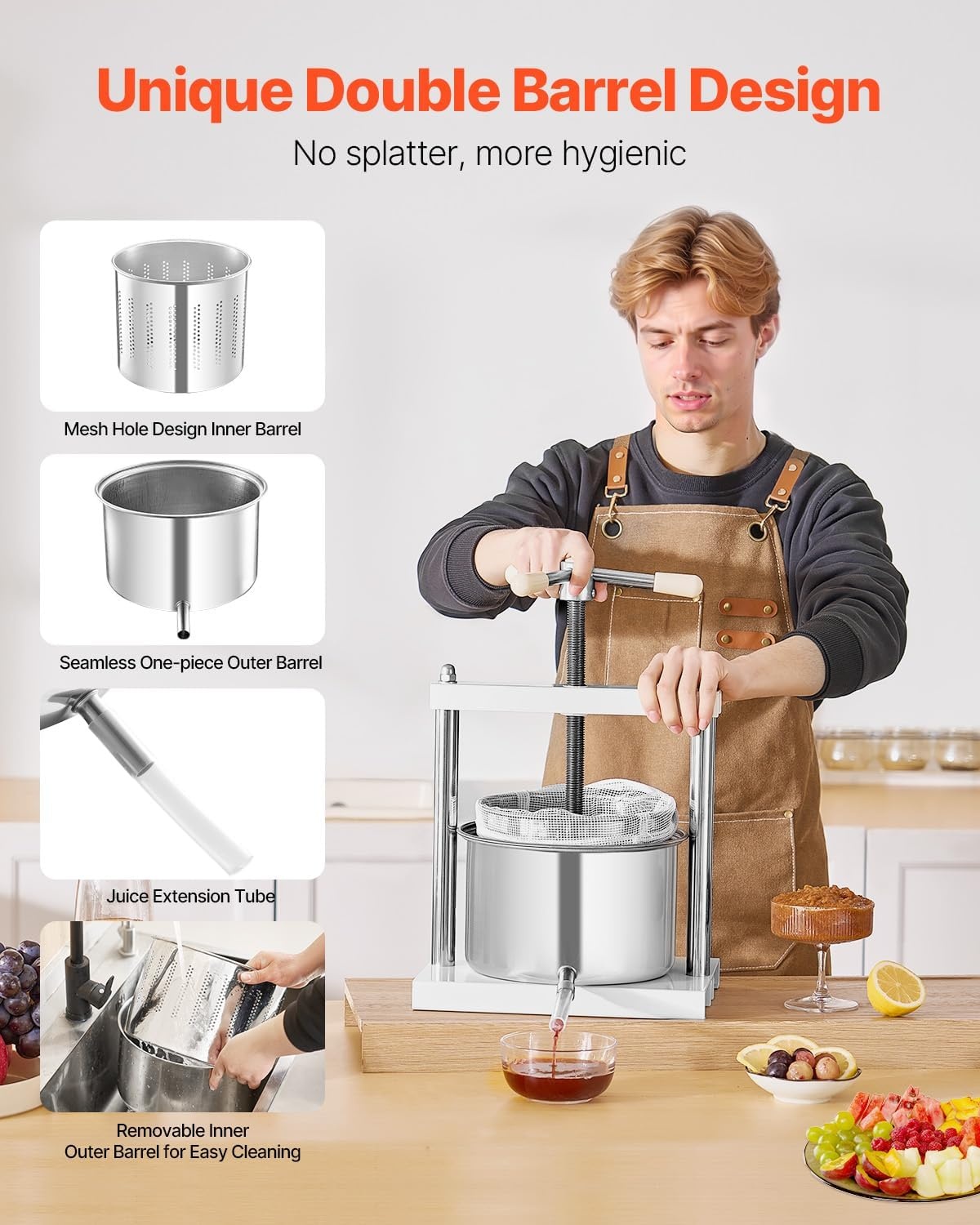 image:imageVEVOR 044 Gal165L Fruit Wine Press 2 Stainless Steel Barrels Manual Juice Maker Cider Apple Grape Tincture Honey Olive Oil Making Press with THandle for Outdoor Kitchen HomeWhite