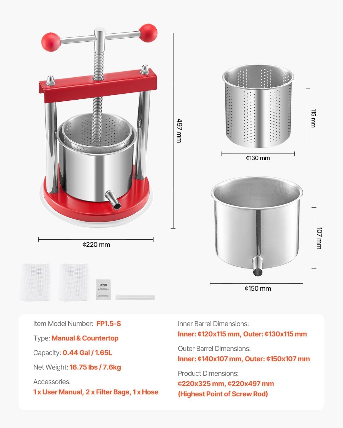 image:imageVEVOR 044 Gal165L Fruit Wine Press 2 Stainless Steel Barrels Manual Juice Maker Cider Apple Grape Tincture Honey Olive Oil Making Press with THandle for Outdoor Kitchen HomeRed