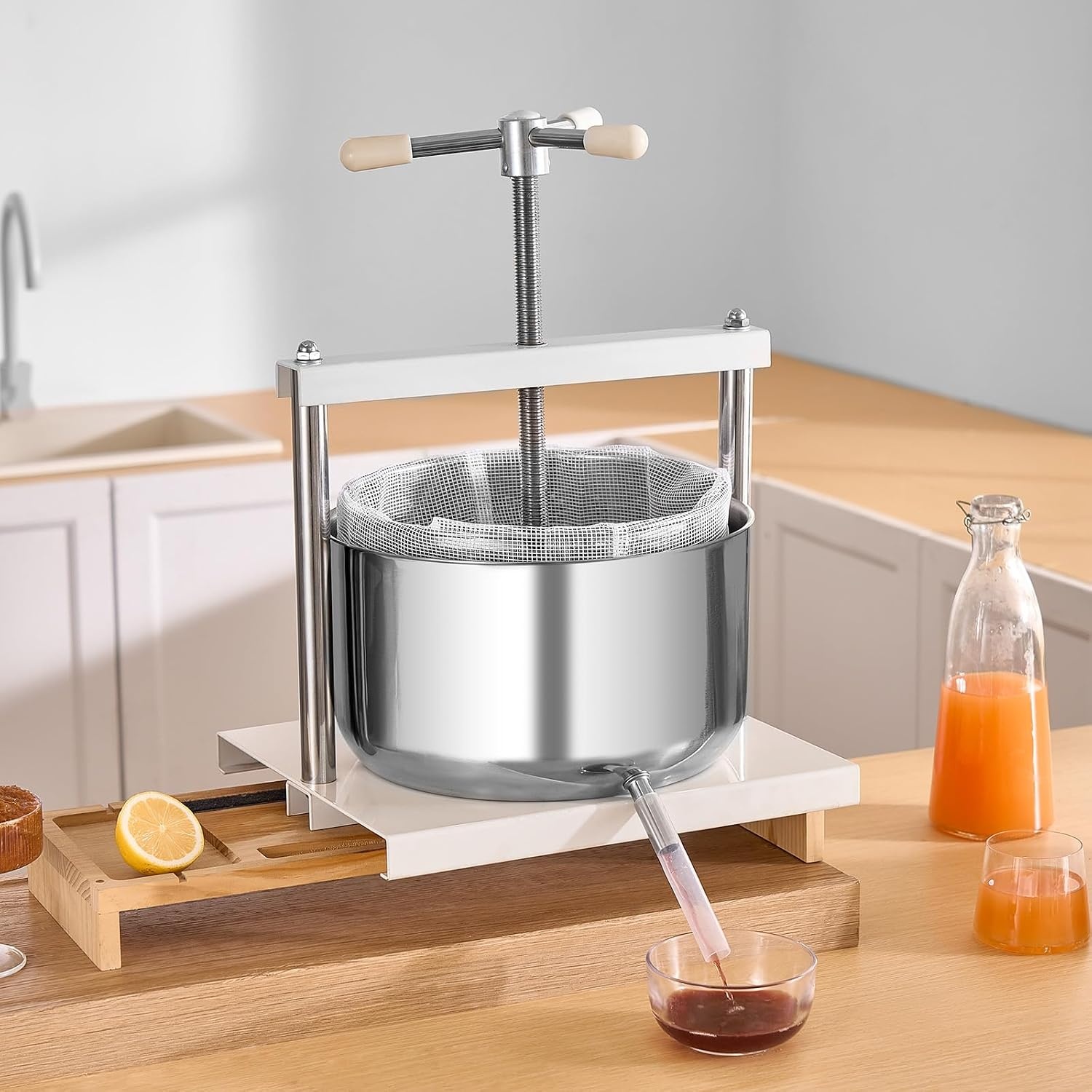 image:imageVEVOR 044 Gal165L Fruit Wine Press 2 Stainless Steel Barrels Manual Juice Maker Cider Apple Grape Tincture Honey Olive Oil Making Press with THandle for Outdoor Kitchen HomeWhite
