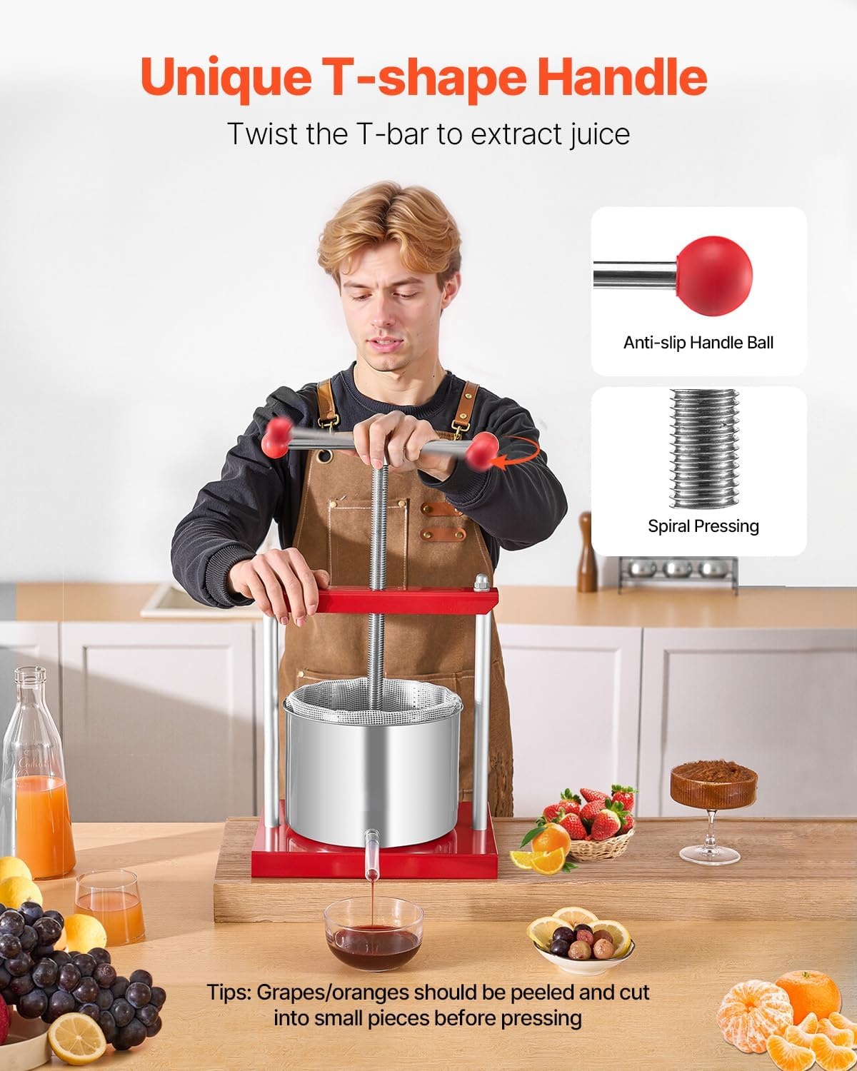 image:imageVEVOR 044 Gal165L Fruit Wine Press 2 Stainless Steel Barrels Manual Juice Maker Cider Apple Grape Tincture Honey Olive Oil Making Press with THandle for Outdoor Kitchen HomeRed