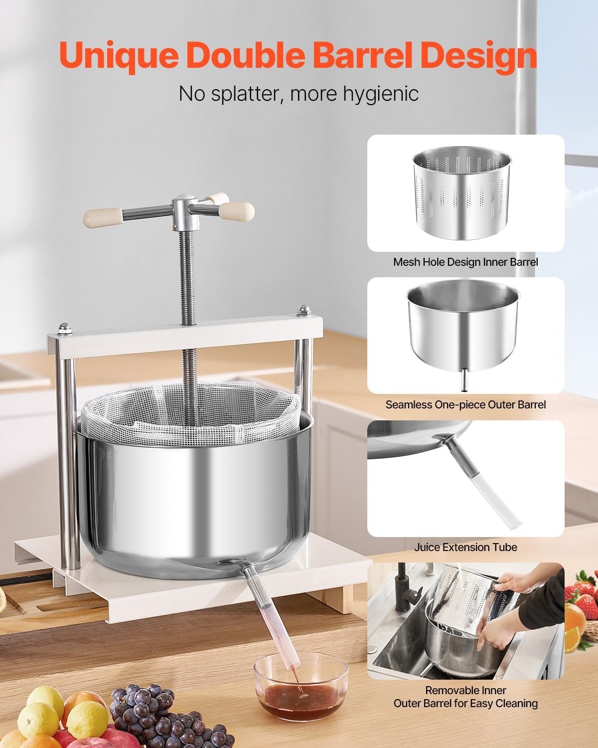 image:imageVEVOR 044 Gal165L Fruit Wine Press 2 Stainless Steel Barrels Manual Juice Maker Cider Apple Grape Tincture Honey Olive Oil Making Press with THandle for Outdoor Kitchen HomeWhite