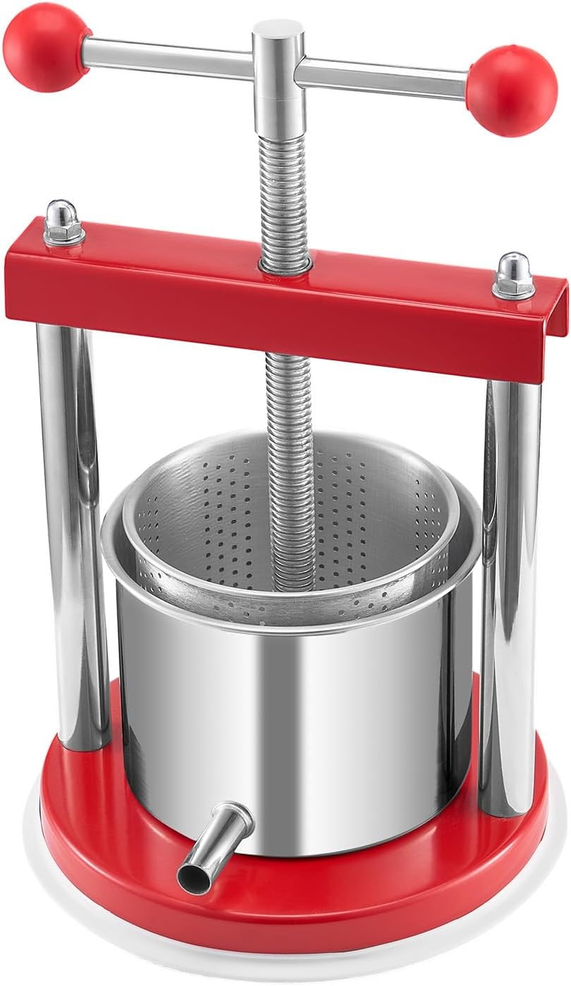 image:imageVEVOR 044 Gal165L Fruit Wine Press 2 Stainless Steel Barrels Manual Juice Maker Cider Apple Grape Tincture Honey Olive Oil Making Press with THandle for Outdoor Kitchen HomeRed