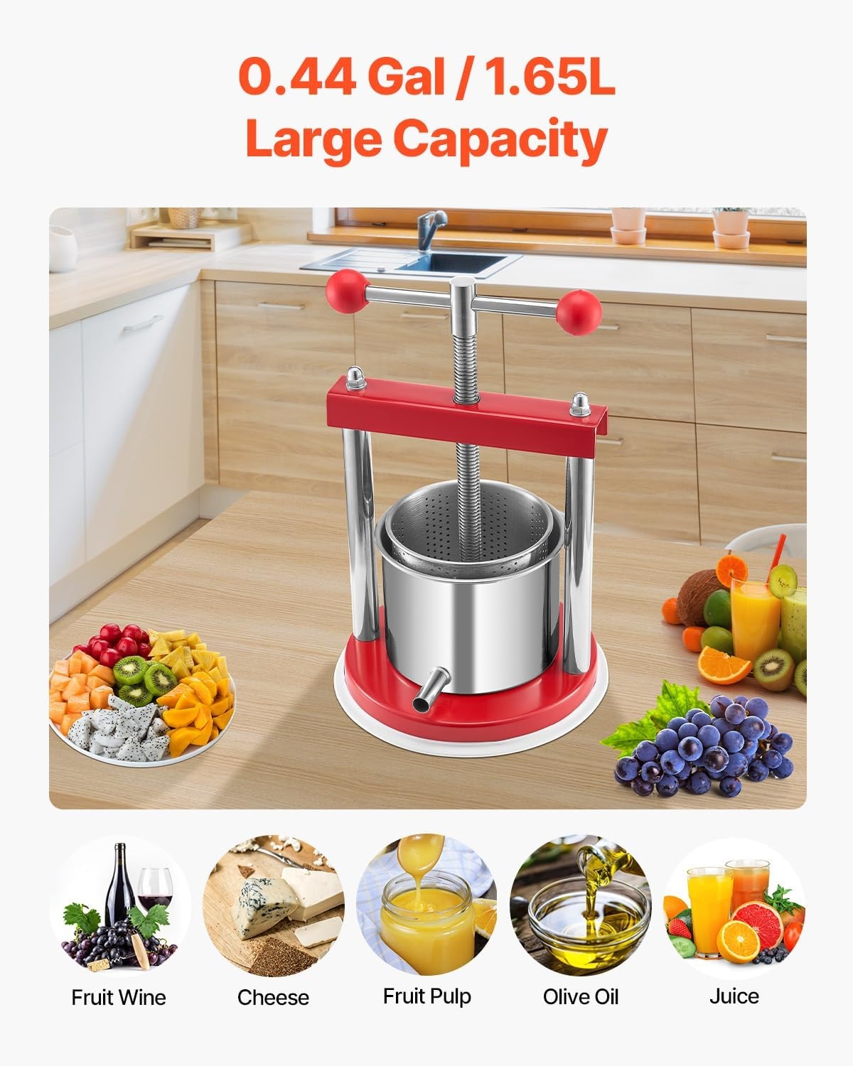 image:imageVEVOR 044 Gal165L Fruit Wine Press 2 Stainless Steel Barrels Manual Juice Maker Cider Apple Grape Tincture Honey Olive Oil Making Press with THandle for Outdoor Kitchen HomeRed