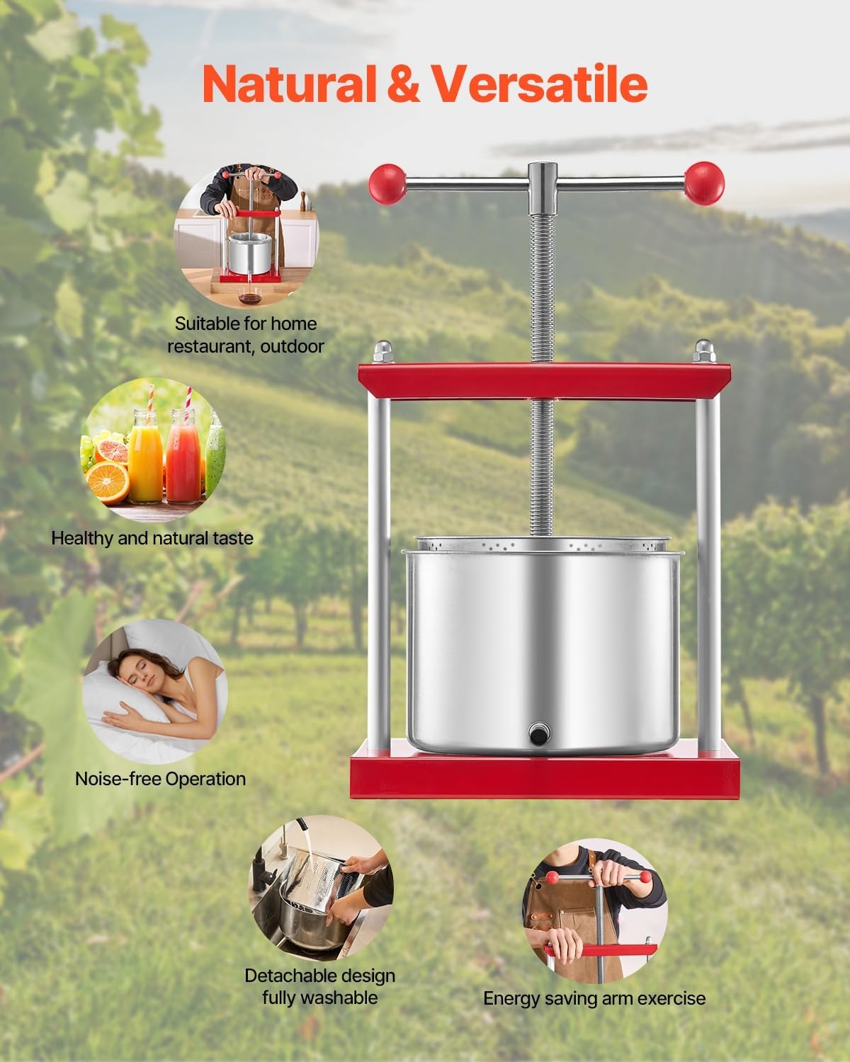 image:imageVEVOR 044 Gal165L Fruit Wine Press 2 Stainless Steel Barrels Manual Juice Maker Cider Apple Grape Tincture Honey Olive Oil Making Press with THandle for Outdoor Kitchen HomeRed