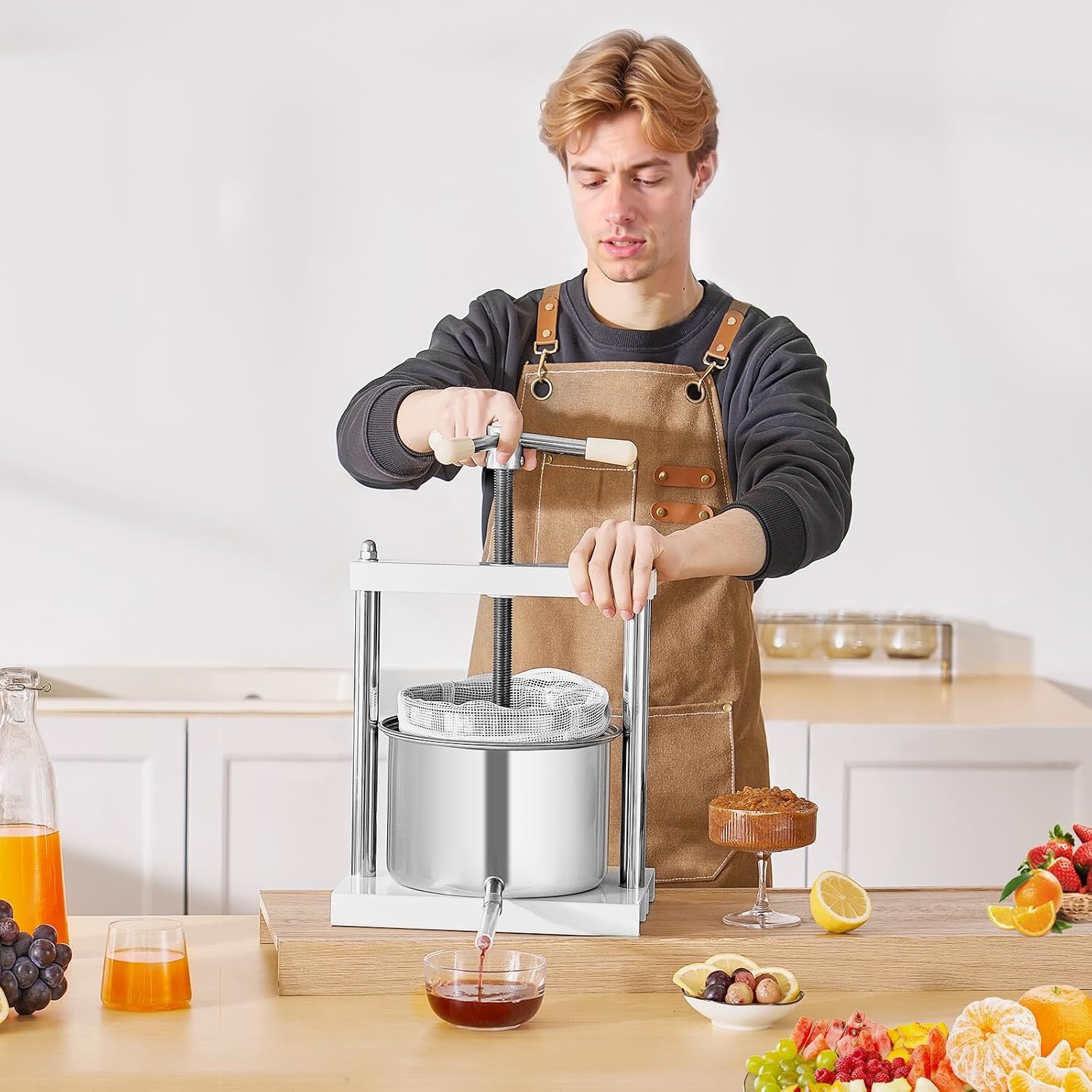 image:imageVEVOR 044 Gal165L Fruit Wine Press 2 Stainless Steel Barrels Manual Juice Maker Cider Apple Grape Tincture Honey Olive Oil Making Press with THandle for Outdoor Kitchen HomeWhite