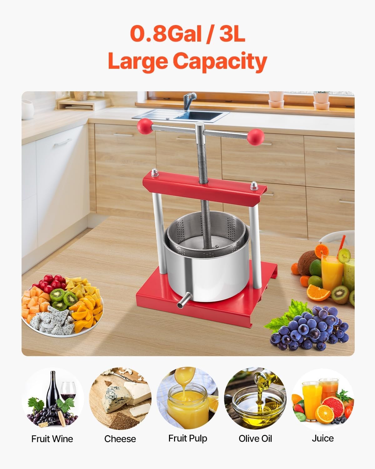 image:imageVEVOR 044 Gal165L Fruit Wine Press 2 Stainless Steel Barrels Manual Juice Maker Cider Apple Grape Tincture Honey Olive Oil Making Press with THandle for Outdoor Kitchen HomeRed