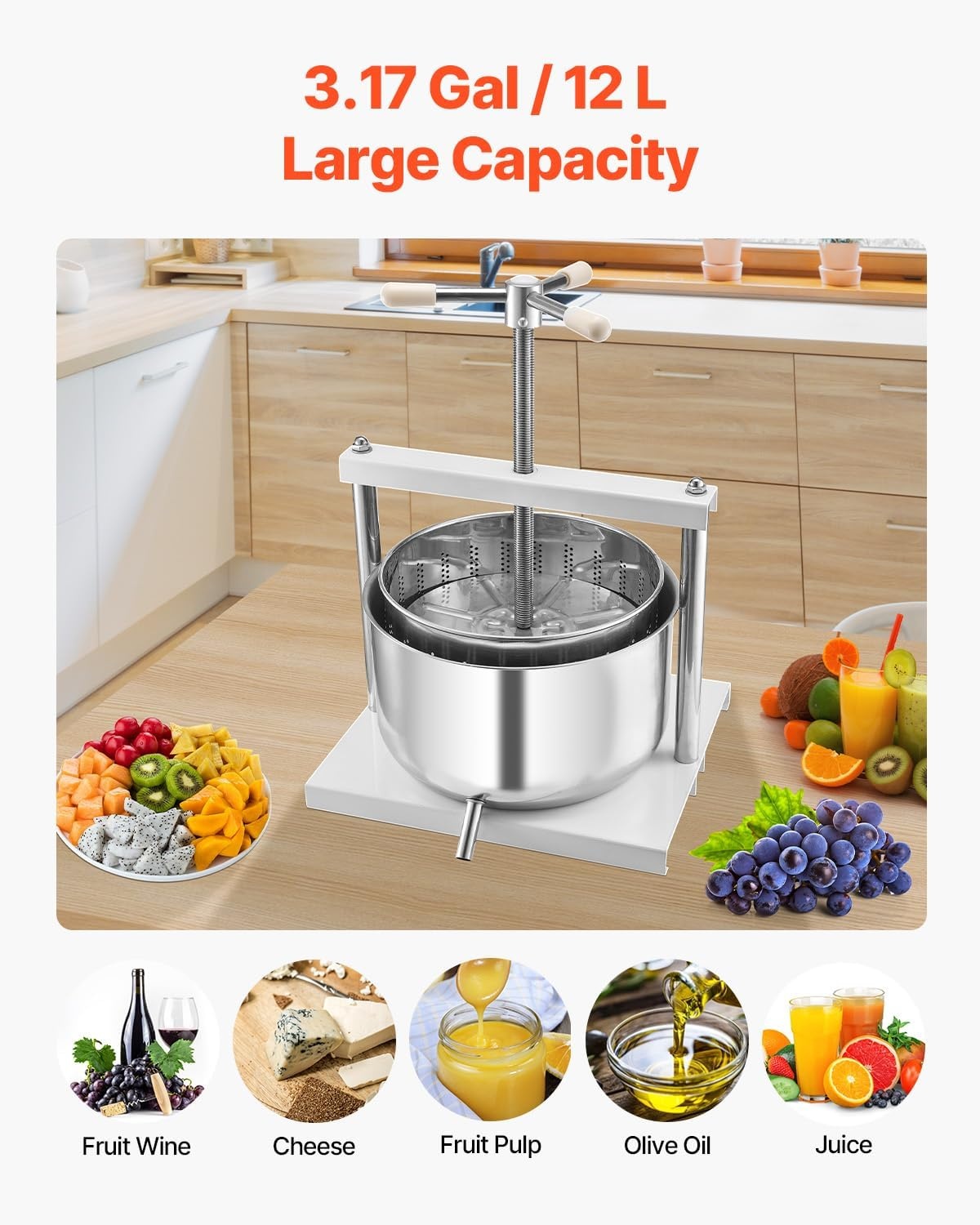 image:imageVEVOR 044 Gal165L Fruit Wine Press 2 Stainless Steel Barrels Manual Juice Maker Cider Apple Grape Tincture Honey Olive Oil Making Press with THandle for Outdoor Kitchen HomeWhite