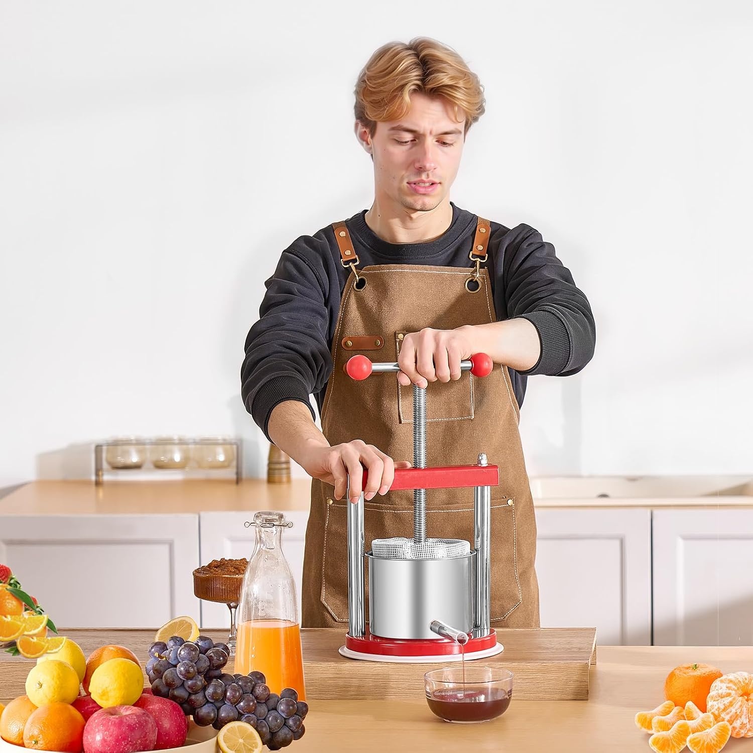 image:imageVEVOR 044 Gal165L Fruit Wine Press 2 Stainless Steel Barrels Manual Juice Maker Cider Apple Grape Tincture Honey Olive Oil Making Press with THandle for Outdoor Kitchen HomeRed
