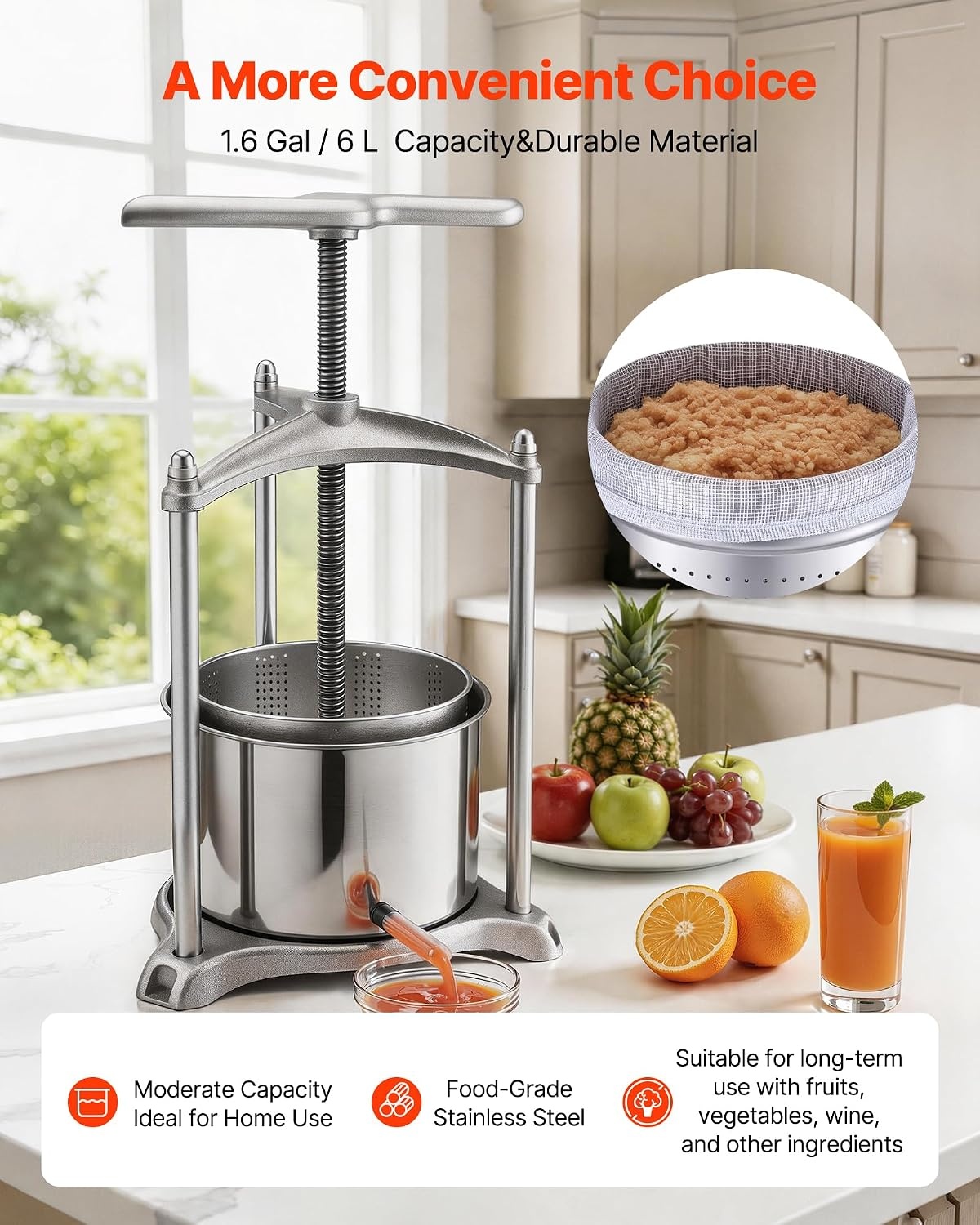 image:imageVEVOR 044 Gal165L Fruit Wine Press 2 Stainless Steel Barrels Manual Juice Maker Cider Apple Grape Tincture Honey Olive Oil Making Press with THandle for Outdoor Kitchen HomeSilver