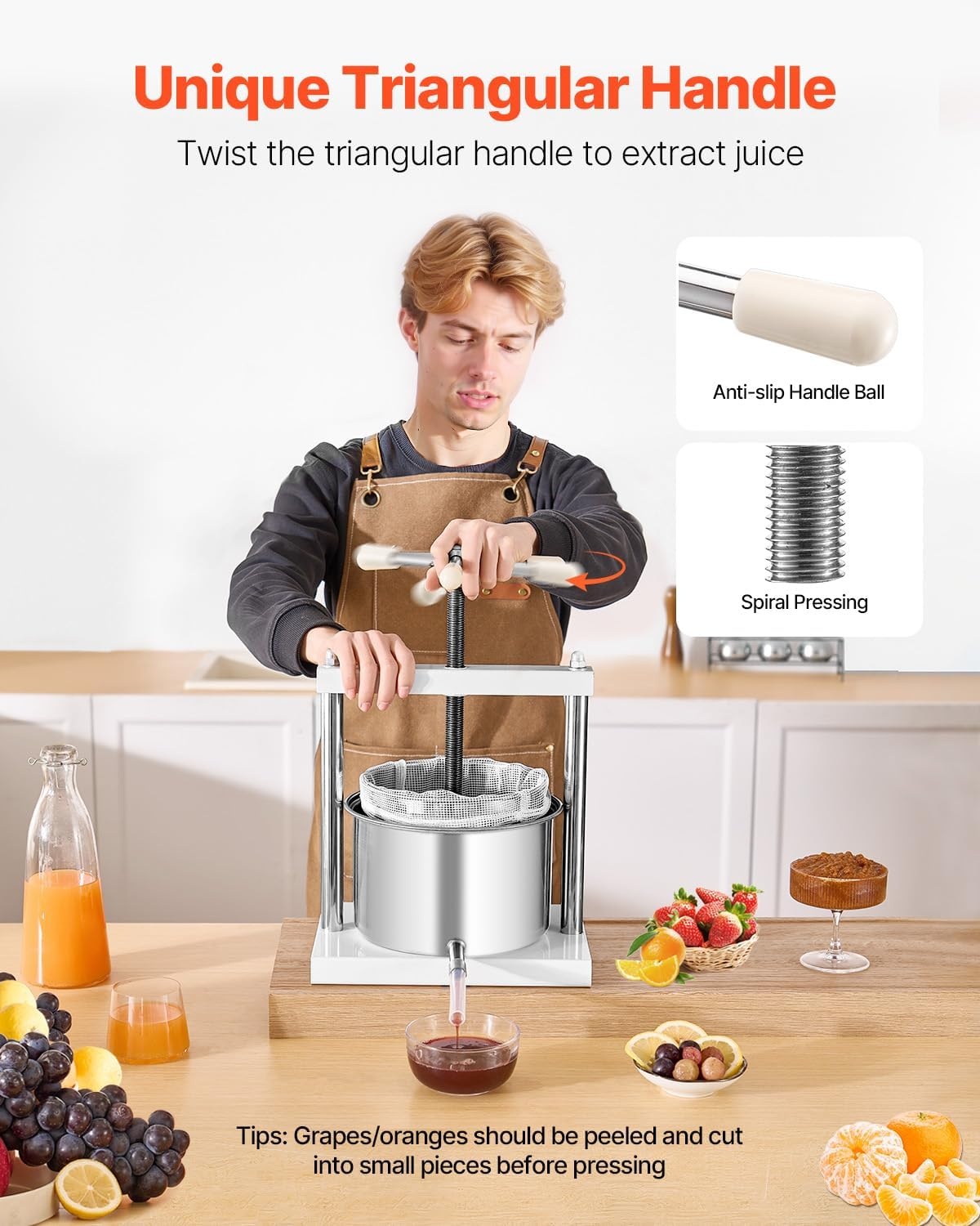 image:imageVEVOR 044 Gal165L Fruit Wine Press 2 Stainless Steel Barrels Manual Juice Maker Cider Apple Grape Tincture Honey Olive Oil Making Press with THandle for Outdoor Kitchen HomeWhite