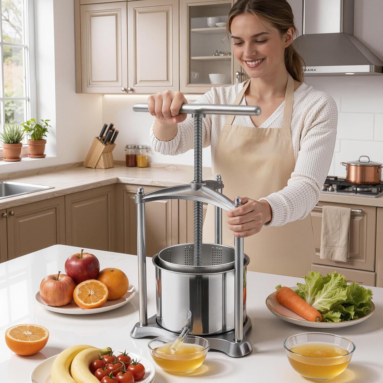 image:imageVEVOR 044 Gal165L Fruit Wine Press 2 Stainless Steel Barrels Manual Juice Maker Cider Apple Grape Tincture Honey Olive Oil Making Press with THandle for Outdoor Kitchen HomeSilver