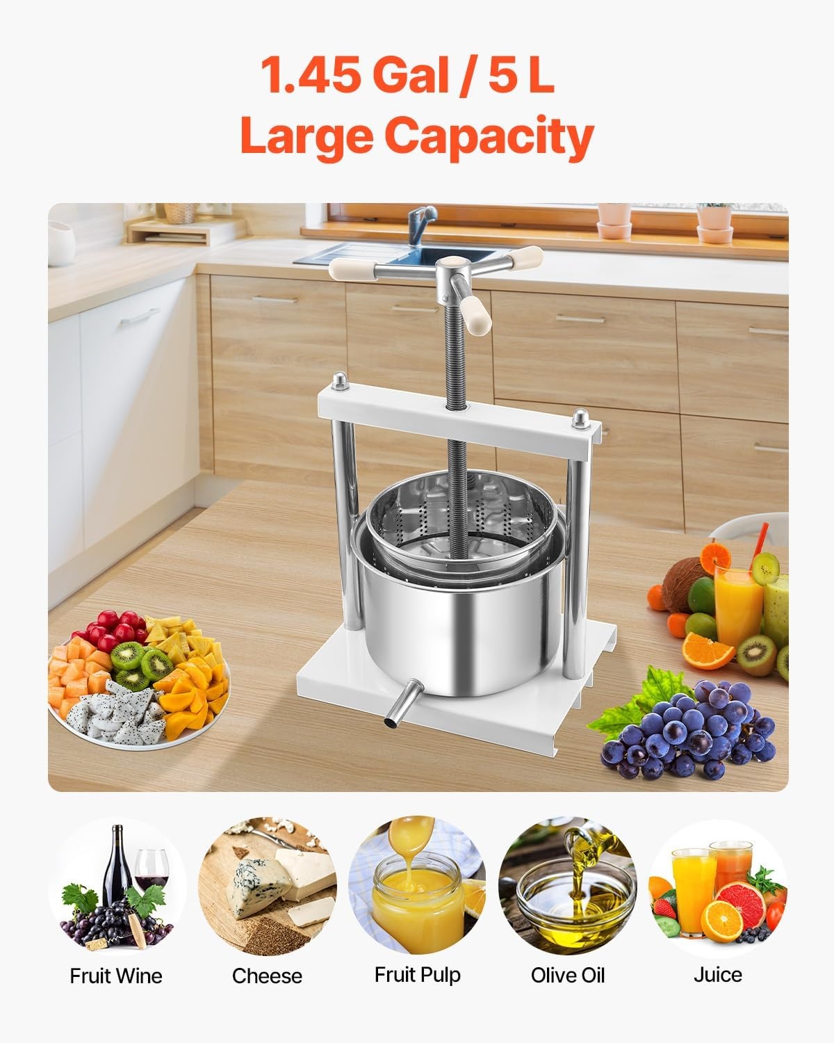 image:imageVEVOR 044 Gal165L Fruit Wine Press 2 Stainless Steel Barrels Manual Juice Maker Cider Apple Grape Tincture Honey Olive Oil Making Press with THandle for Outdoor Kitchen HomeWhite
