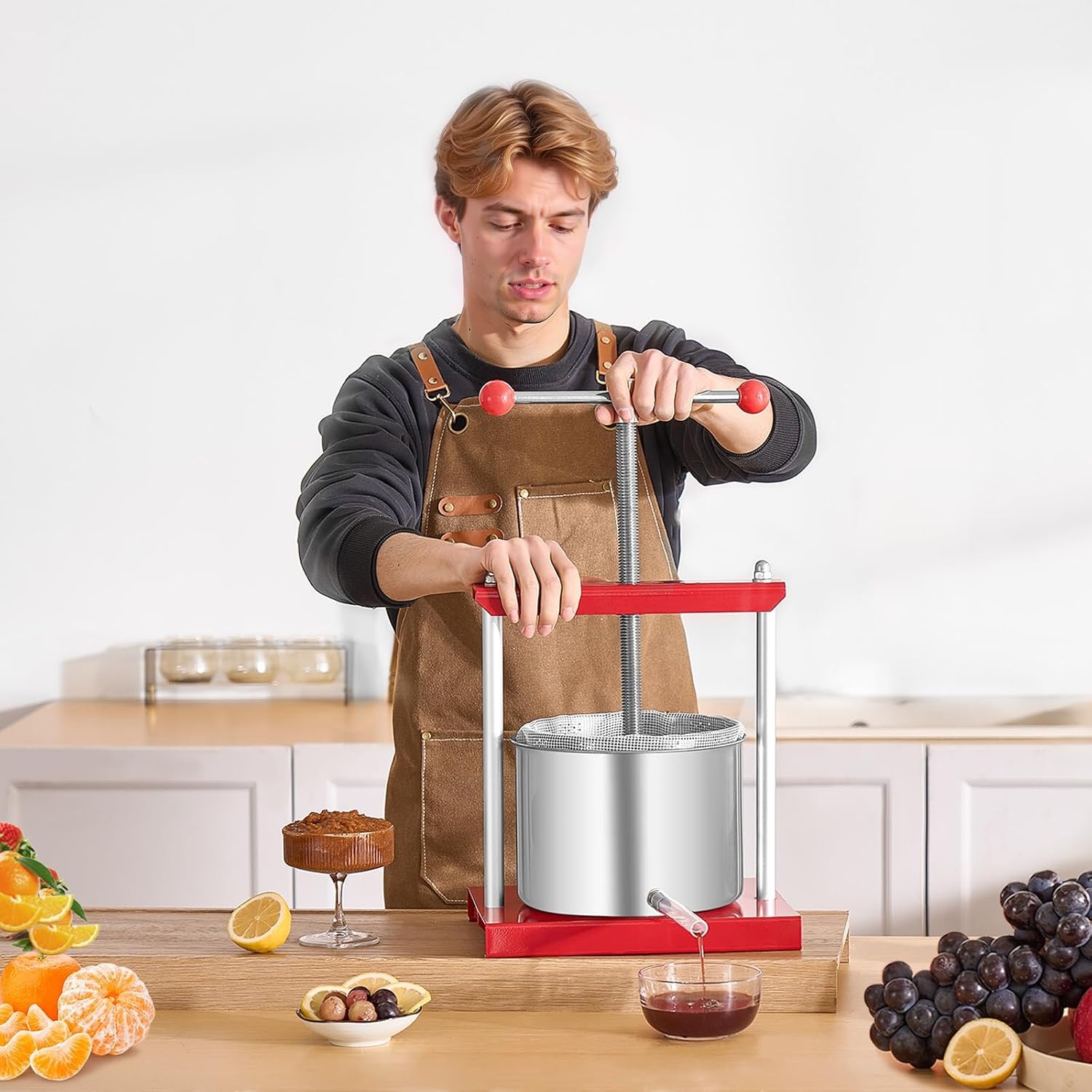 image:imageVEVOR 044 Gal165L Fruit Wine Press 2 Stainless Steel Barrels Manual Juice Maker Cider Apple Grape Tincture Honey Olive Oil Making Press with THandle for Outdoor Kitchen HomeRed