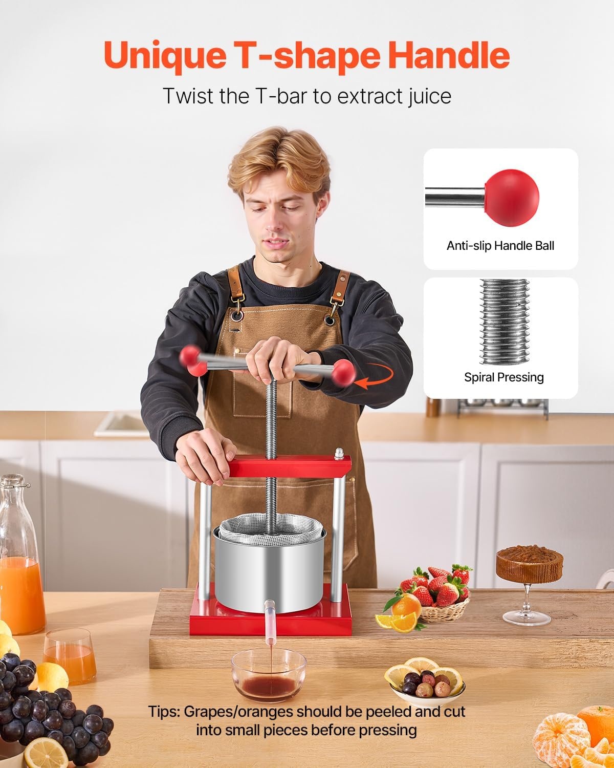 image:imageVEVOR 044 Gal165L Fruit Wine Press 2 Stainless Steel Barrels Manual Juice Maker Cider Apple Grape Tincture Honey Olive Oil Making Press with THandle for Outdoor Kitchen HomeRed
