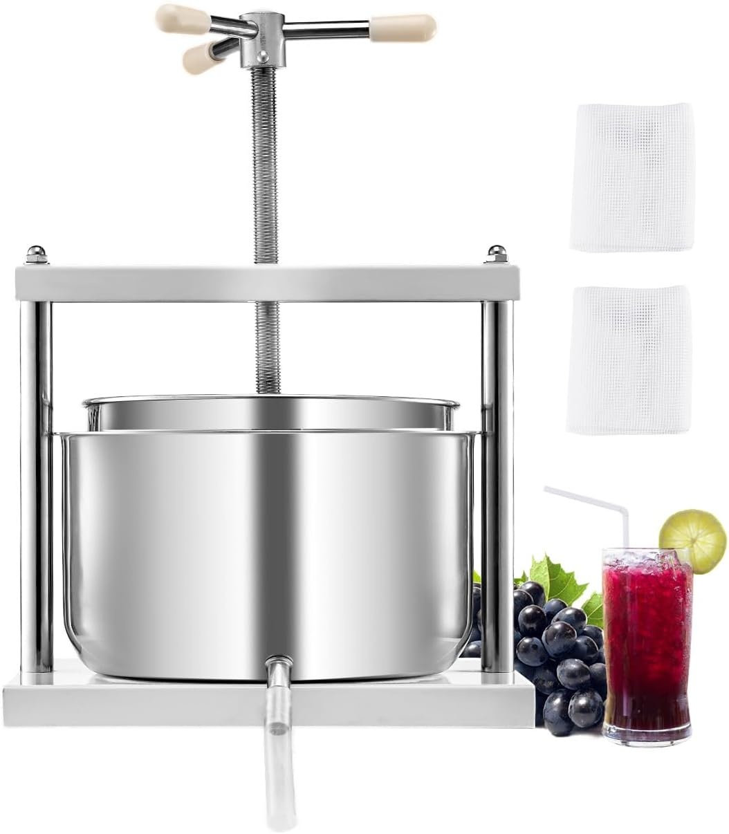 image:imageVEVOR 044 Gal165L Fruit Wine Press 2 Stainless Steel Barrels Manual Juice Maker Cider Apple Grape Tincture Honey Olive Oil Making Press with THandle for Outdoor Kitchen HomeWhite