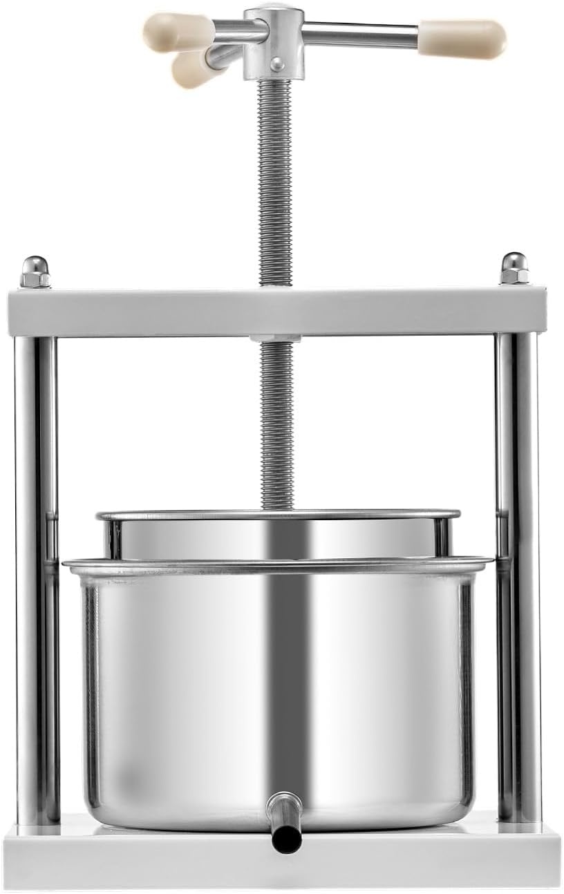 image:imageVEVOR 044 Gal165L Fruit Wine Press 2 Stainless Steel Barrels Manual Juice Maker Cider Apple Grape Tincture Honey Olive Oil Making Press with THandle for Outdoor Kitchen HomeWhite