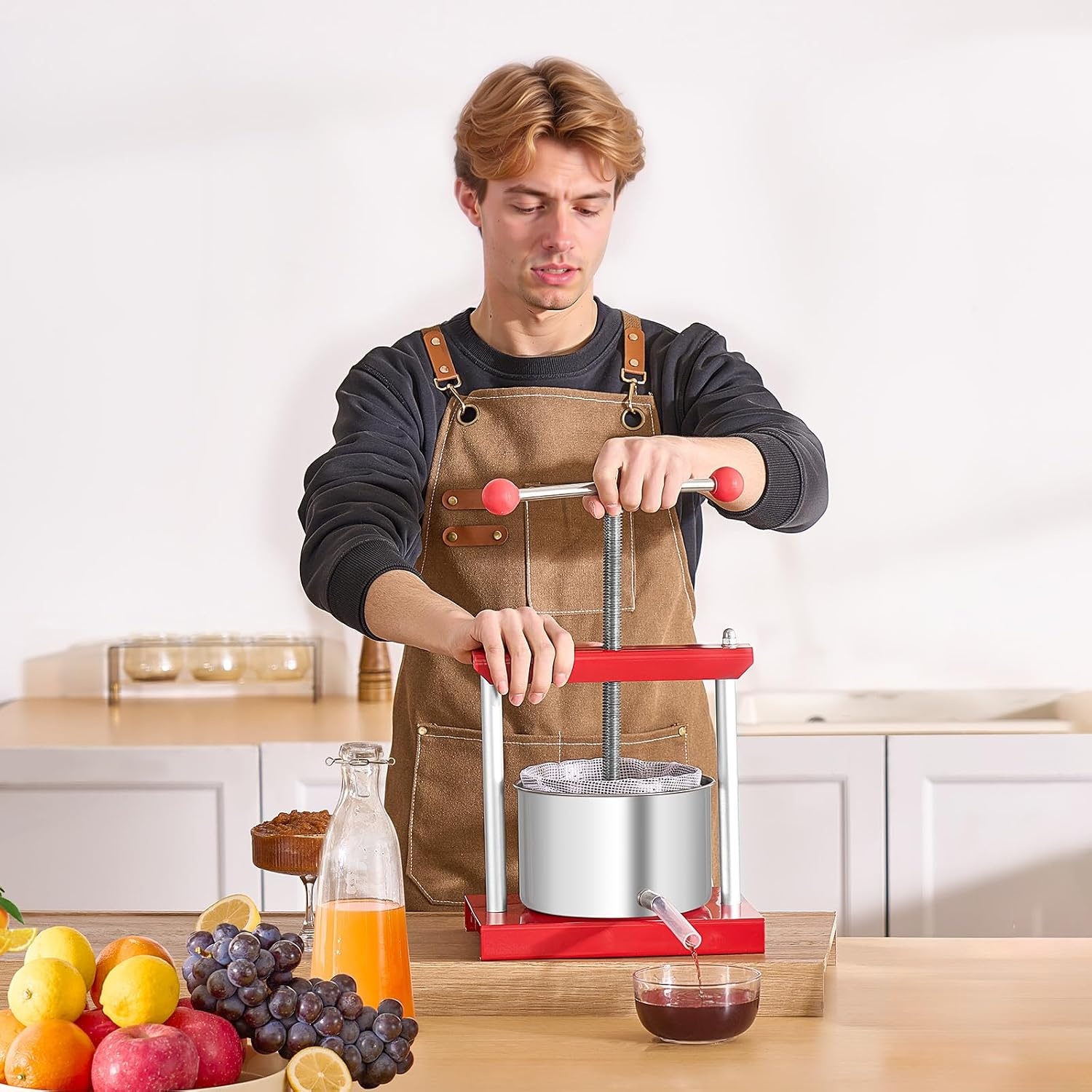 image:imageVEVOR 044 Gal165L Fruit Wine Press 2 Stainless Steel Barrels Manual Juice Maker Cider Apple Grape Tincture Honey Olive Oil Making Press with THandle for Outdoor Kitchen HomeRed
