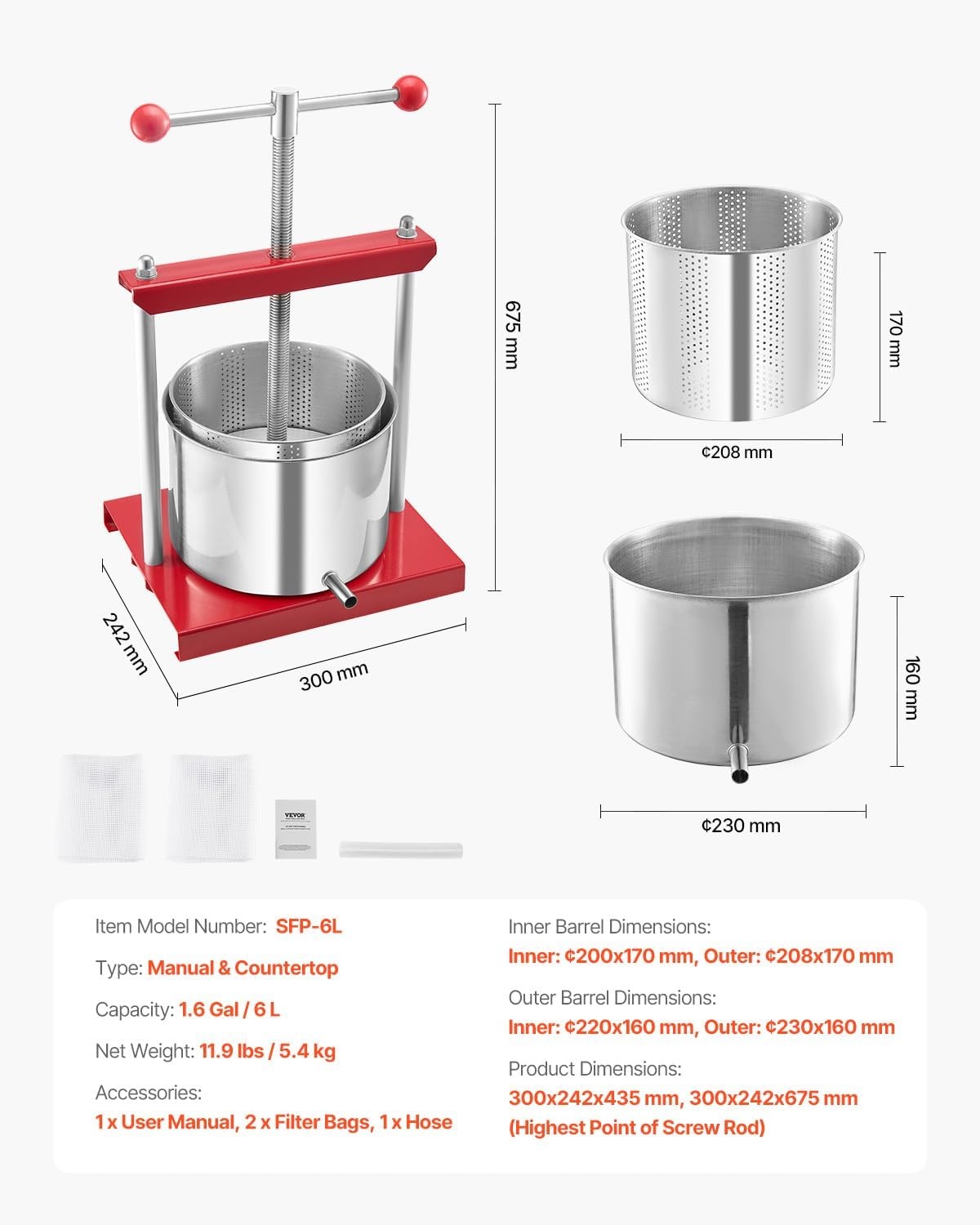image:imageVEVOR 044 Gal165L Fruit Wine Press 2 Stainless Steel Barrels Manual Juice Maker Cider Apple Grape Tincture Honey Olive Oil Making Press with THandle for Outdoor Kitchen HomeRed