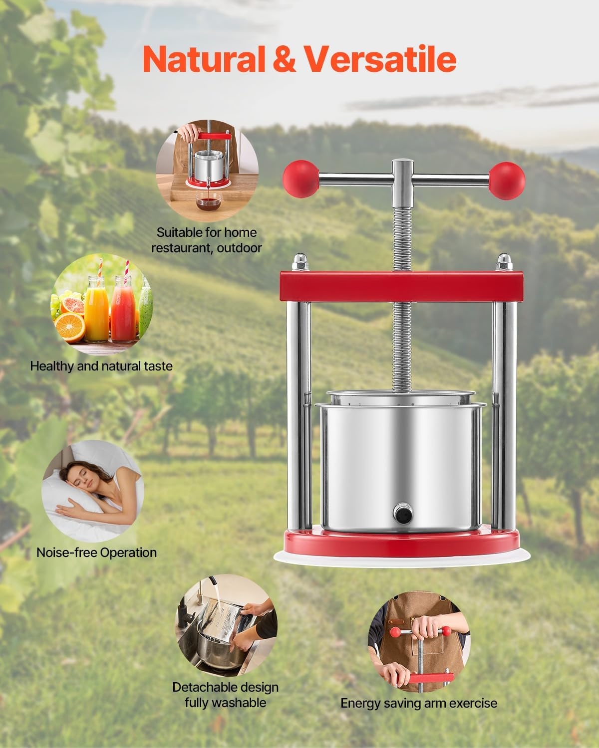 image:imageVEVOR 044 Gal165L Fruit Wine Press 2 Stainless Steel Barrels Manual Juice Maker Cider Apple Grape Tincture Honey Olive Oil Making Press with THandle for Outdoor Kitchen HomeRed