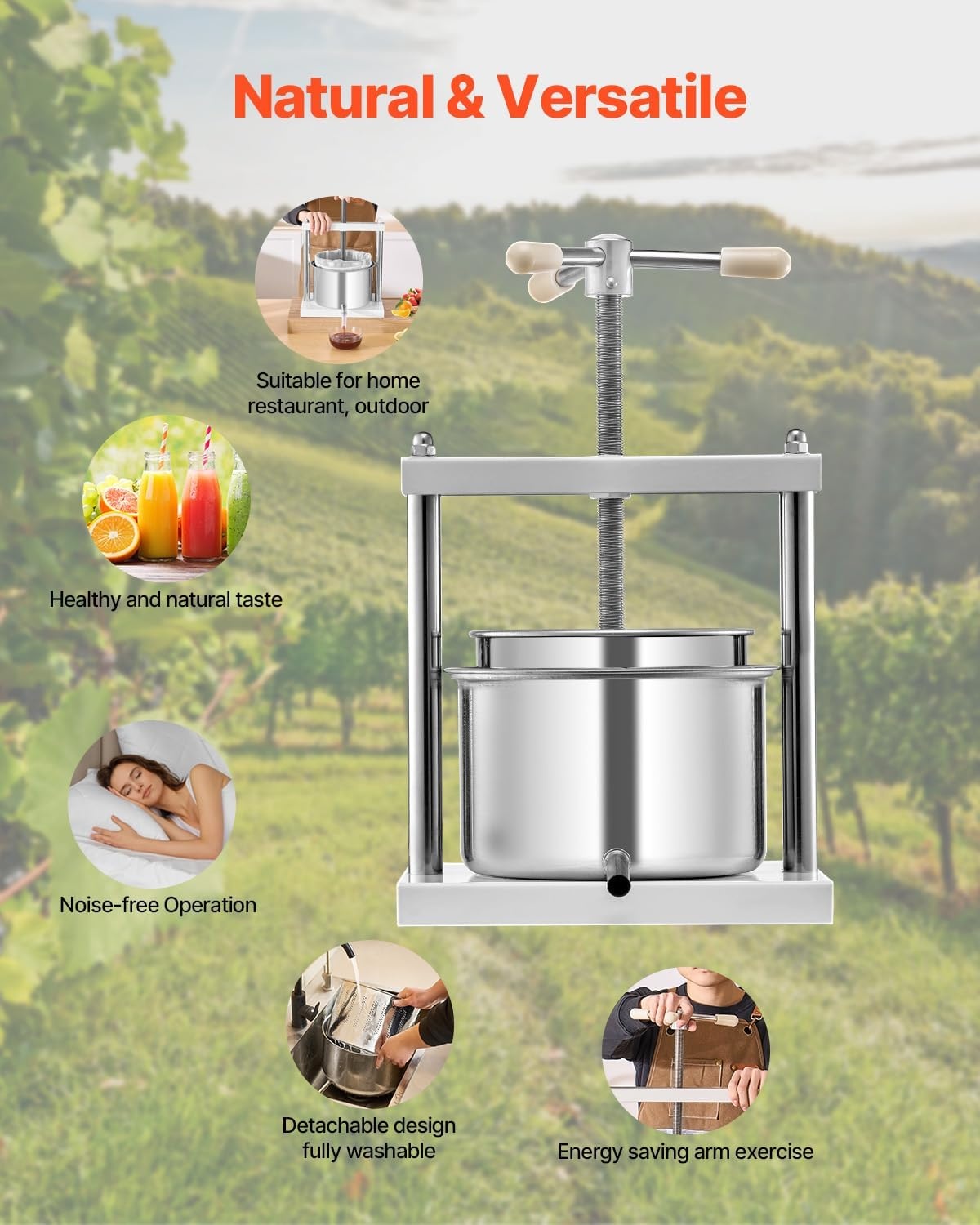 image:imageVEVOR 044 Gal165L Fruit Wine Press 2 Stainless Steel Barrels Manual Juice Maker Cider Apple Grape Tincture Honey Olive Oil Making Press with THandle for Outdoor Kitchen HomeWhite