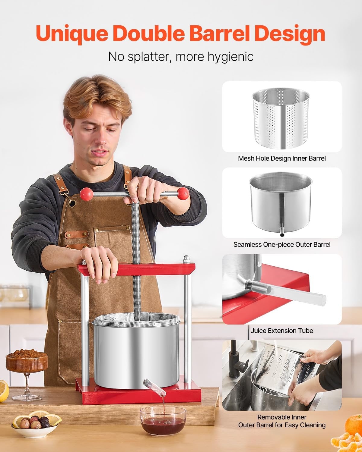image:imageVEVOR 044 Gal165L Fruit Wine Press 2 Stainless Steel Barrels Manual Juice Maker Cider Apple Grape Tincture Honey Olive Oil Making Press with THandle for Outdoor Kitchen HomeRed