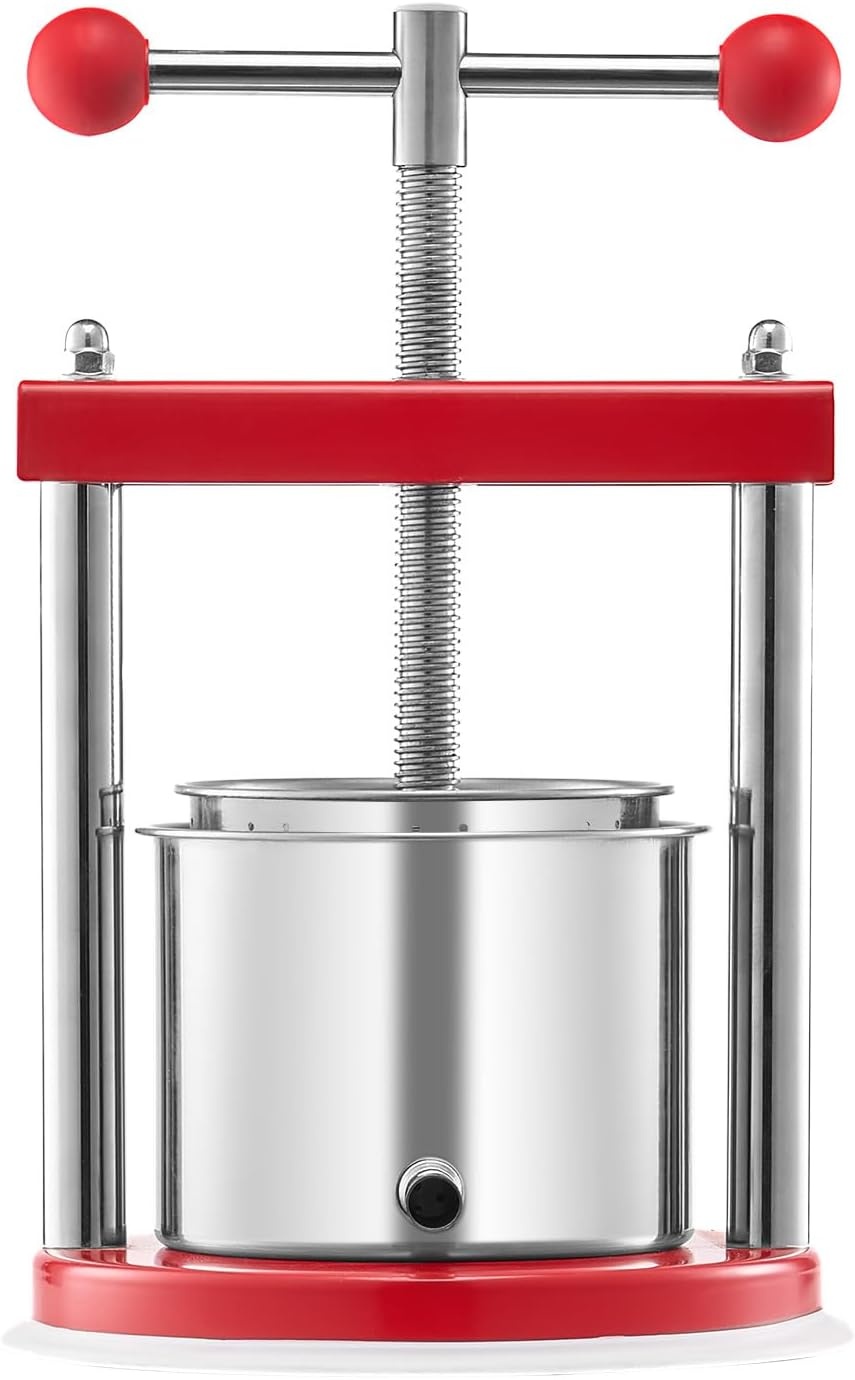 image:imageVEVOR 044 Gal165L Fruit Wine Press 2 Stainless Steel Barrels Manual Juice Maker Cider Apple Grape Tincture Honey Olive Oil Making Press with THandle for Outdoor Kitchen HomeRed