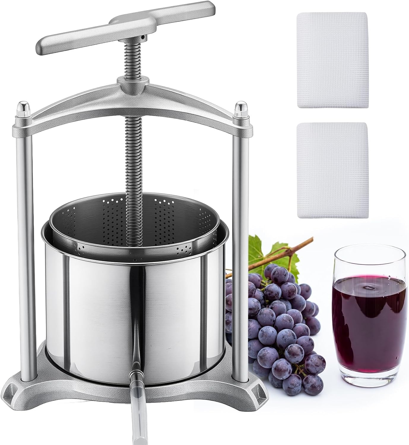 image:imageVEVOR 044 Gal165L Fruit Wine Press 2 Stainless Steel Barrels Manual Juice Maker Cider Apple Grape Tincture Honey Olive Oil Making Press with THandle for Outdoor Kitchen HomeSilver