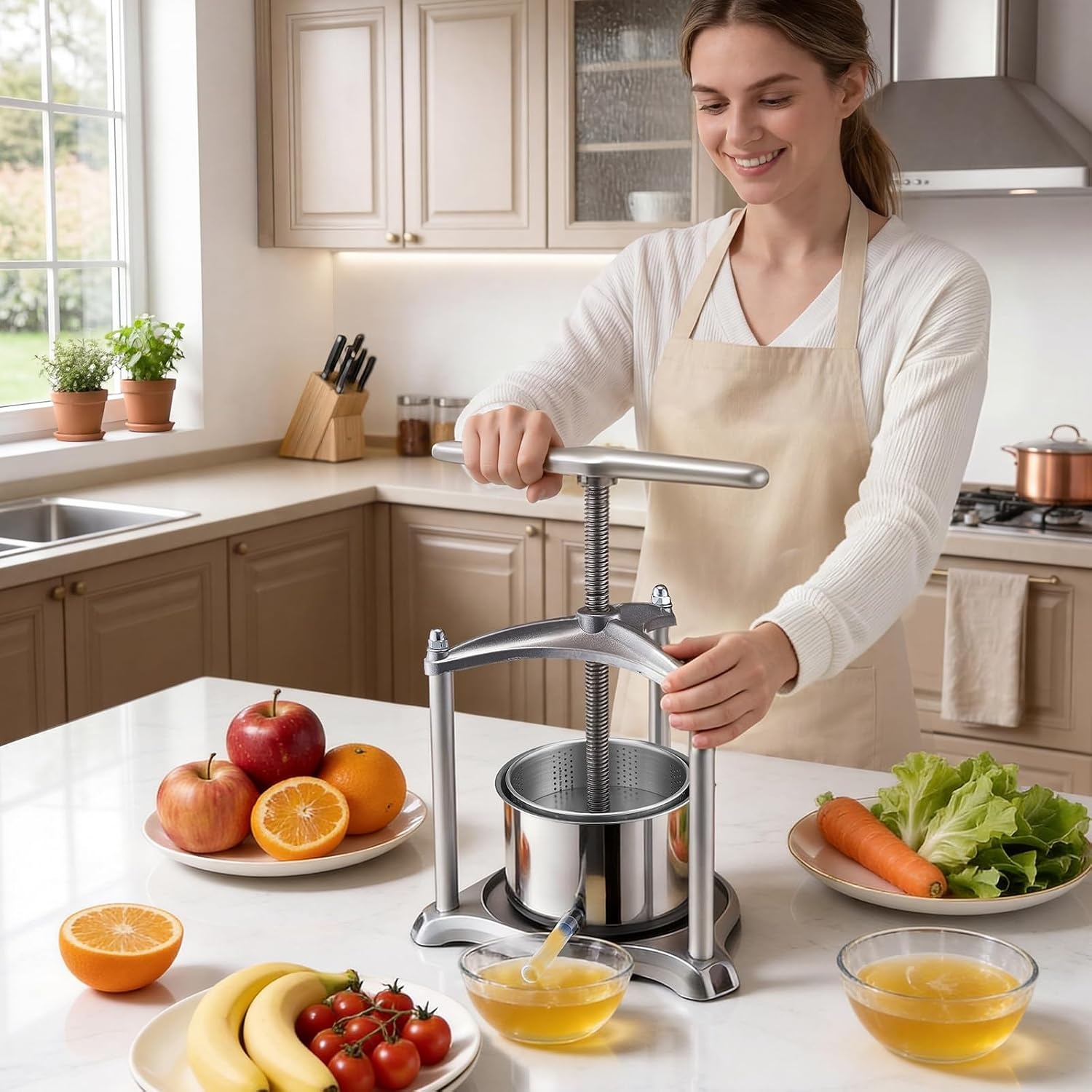 image:imageVEVOR 044 Gal165L Fruit Wine Press 2 Stainless Steel Barrels Manual Juice Maker Cider Apple Grape Tincture Honey Olive Oil Making Press with THandle for Outdoor Kitchen HomeSilver