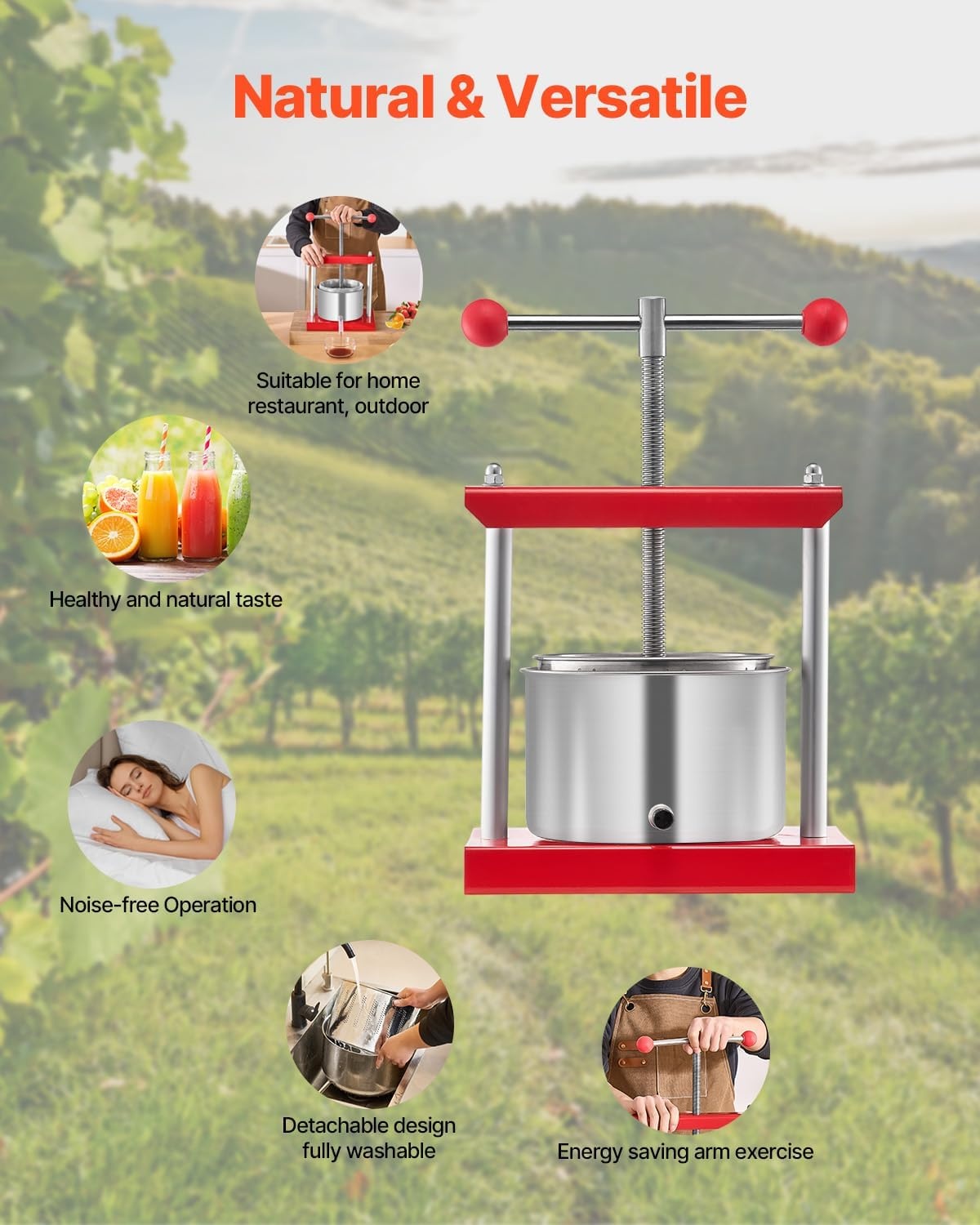 image:imageVEVOR 044 Gal165L Fruit Wine Press 2 Stainless Steel Barrels Manual Juice Maker Cider Apple Grape Tincture Honey Olive Oil Making Press with THandle for Outdoor Kitchen HomeRed