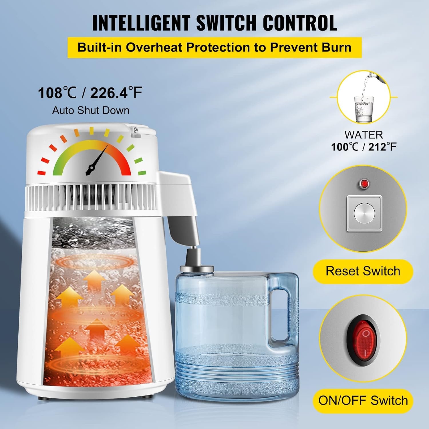 image:imageVEVOR 11Gal Water Distiller 04GalH Distilled Water Maker Machine 1750W 099H Timing Dual Temp Display 304 Stainless Steel Countertop Distiller Glass Carafe Cleaning Powder 3 Carbon Packs SilverWhite