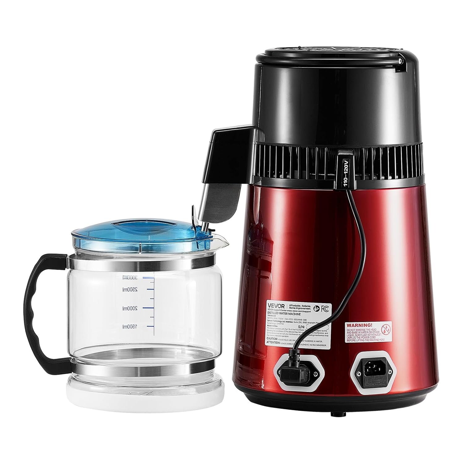 image:imageVEVOR 11Gal Water Distiller 04GalH Distilled Water Maker Machine 1750W 099H Timing Dual Temp Display 304 Stainless Steel Countertop Distiller Glass Carafe Cleaning Powder 3 Carbon Packs SilverRed