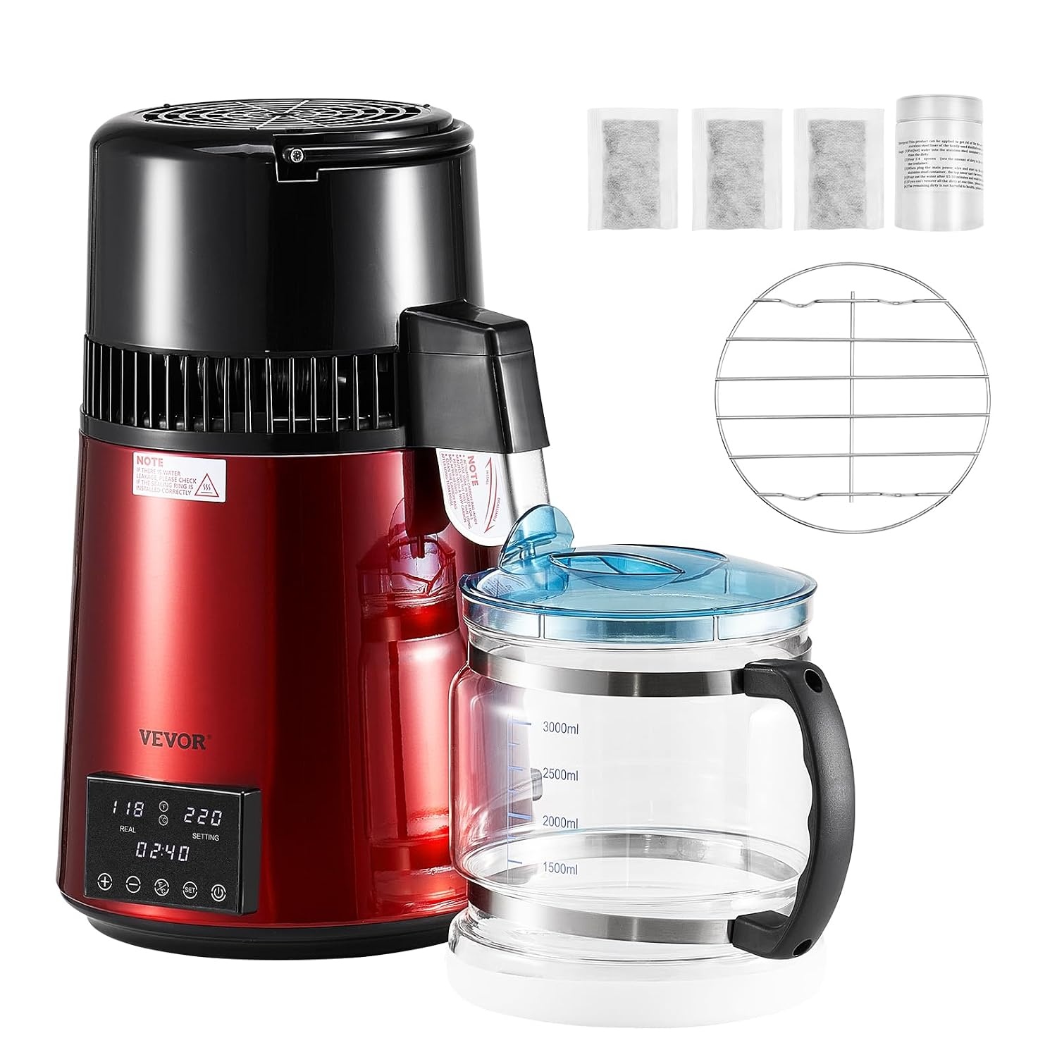 image:imageVEVOR 11Gal Water Distiller 04GalH Distilled Water Maker Machine 1750W 099H Timing Dual Temp Display 304 Stainless Steel Countertop Distiller Glass Carafe Cleaning Powder 3 Carbon Packs SilverRed