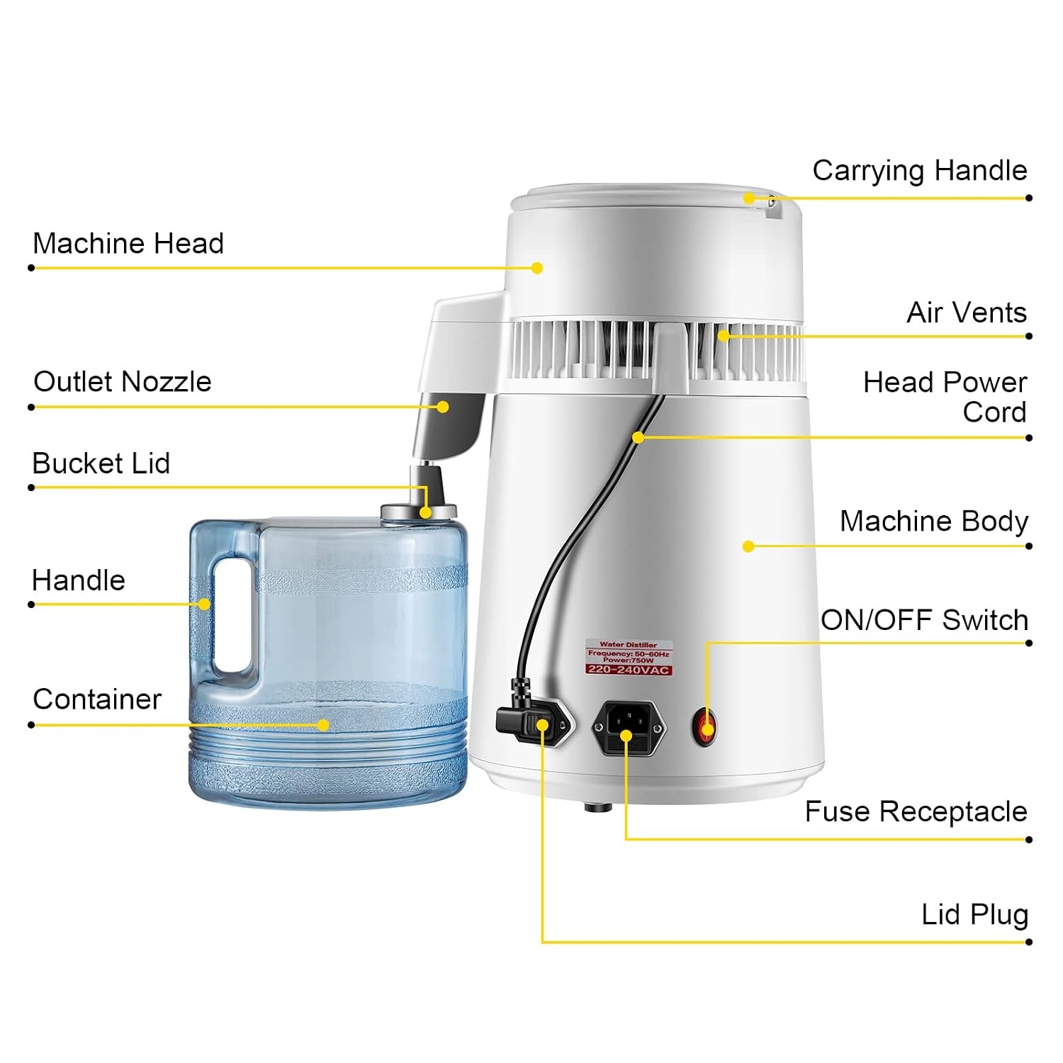 image:imageVEVOR 11Gal Water Distiller 04GalH Distilled Water Maker Machine 1750W 099H Timing Dual Temp Display 304 Stainless Steel Countertop Distiller Glass Carafe Cleaning Powder 3 Carbon Packs SilverWhite
