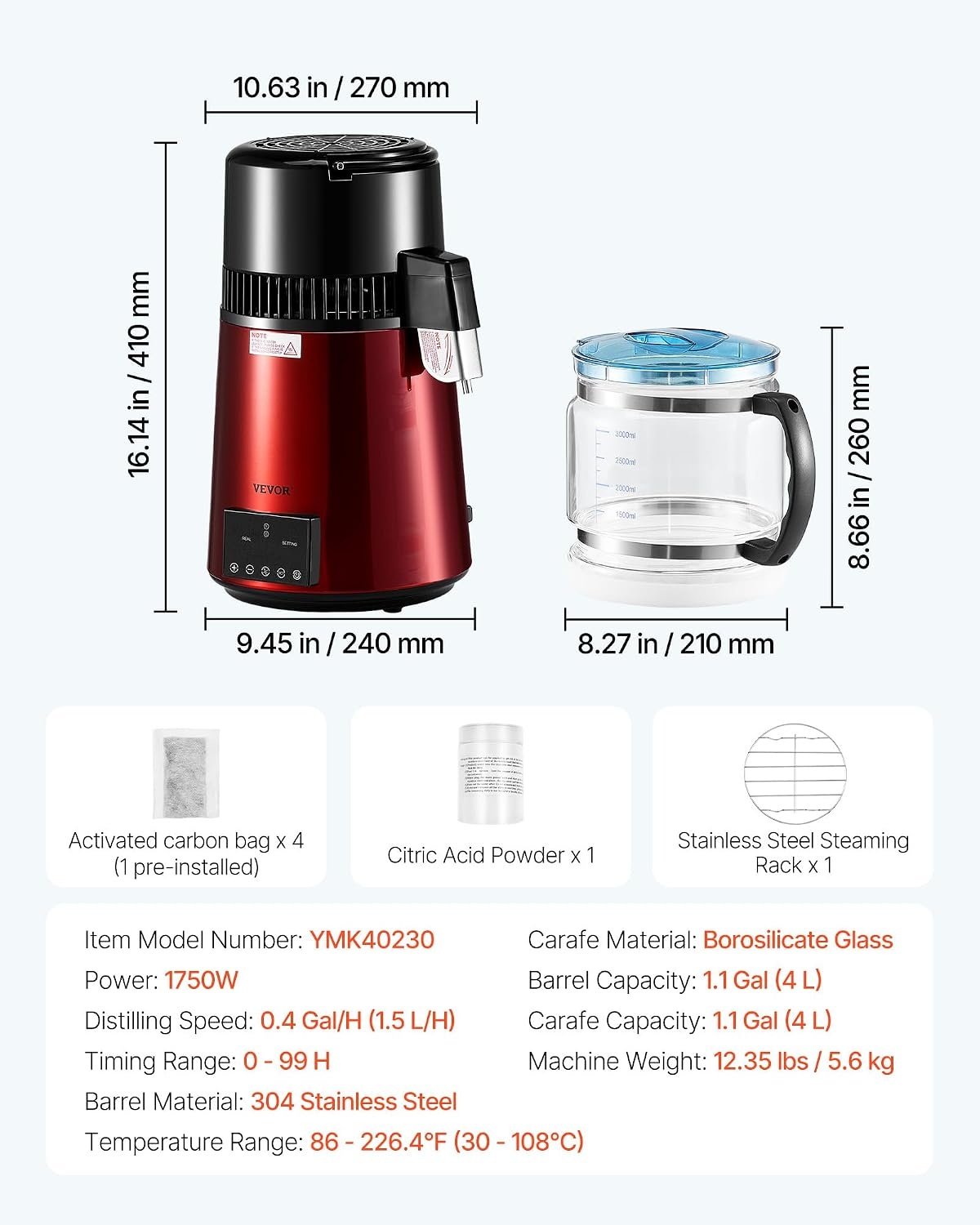 image:imageVEVOR 11Gal Water Distiller 04GalH Distilled Water Maker Machine 1750W 099H Timing Dual Temp Display 304 Stainless Steel Countertop Distiller Glass Carafe Cleaning Powder 3 Carbon Packs SilverRed
