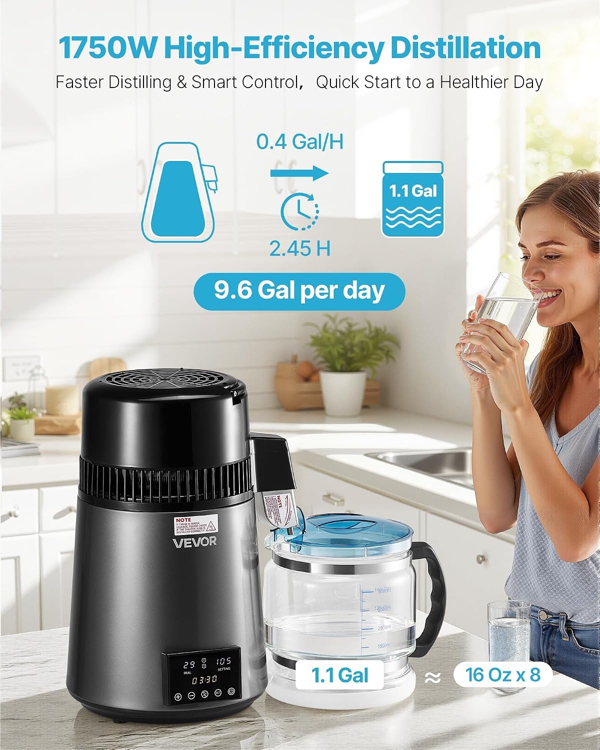 image:imageVEVOR 11Gal Water Distiller 04GalH Distilled Water Maker Machine 1750W 099H Timing Dual Temp Display 304 Stainless Steel Countertop Distiller Glass Carafe Cleaning Powder 3 Carbon Packs SilverGrey