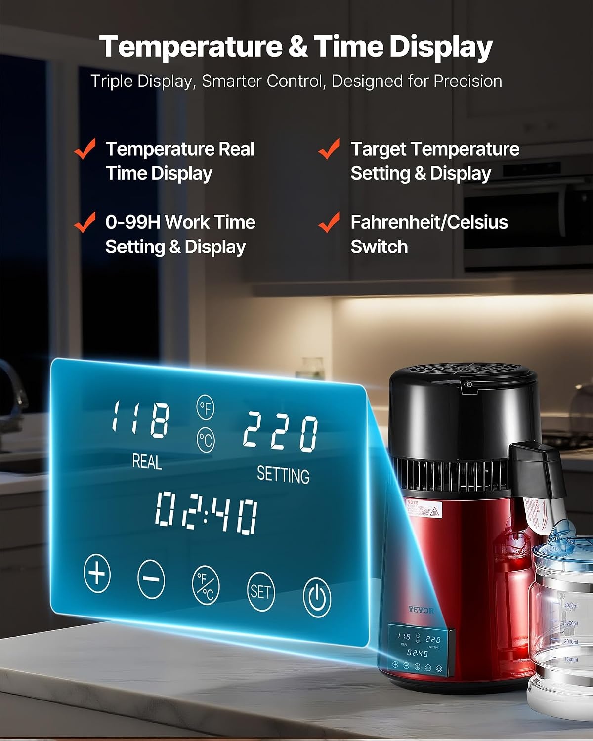 image:imageVEVOR 11Gal Water Distiller 04GalH Distilled Water Maker Machine 1750W 099H Timing Dual Temp Display 304 Stainless Steel Countertop Distiller Glass Carafe Cleaning Powder 3 Carbon Packs SilverRed
