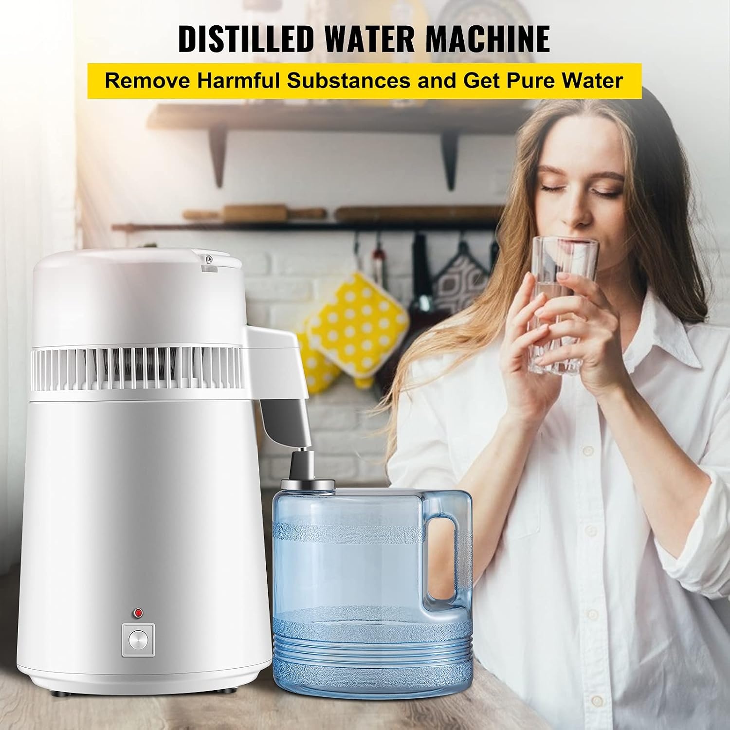 image:imageVEVOR 11Gal Water Distiller 04GalH Distilled Water Maker Machine 1750W 099H Timing Dual Temp Display 304 Stainless Steel Countertop Distiller Glass Carafe Cleaning Powder 3 Carbon Packs SilverWhite