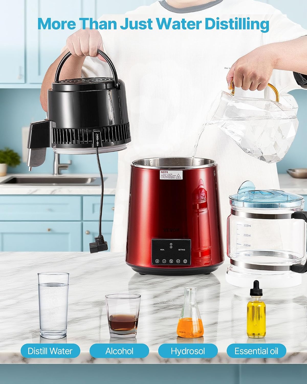image:imageVEVOR 11Gal Water Distiller 04GalH Distilled Water Maker Machine 1750W 099H Timing Dual Temp Display 304 Stainless Steel Countertop Distiller Glass Carafe Cleaning Powder 3 Carbon Packs SilverRed
