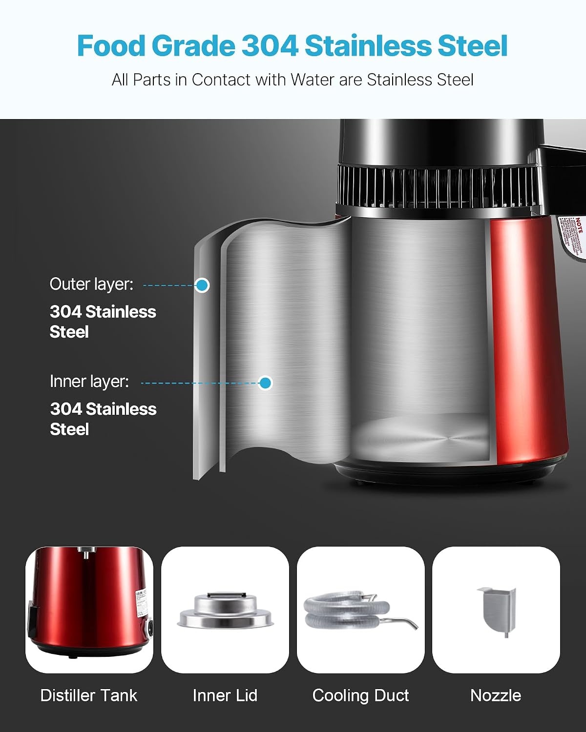 image:imageVEVOR 11Gal Water Distiller 04GalH Distilled Water Maker Machine 1750W 099H Timing Dual Temp Display 304 Stainless Steel Countertop Distiller Glass Carafe Cleaning Powder 3 Carbon Packs SilverRed
