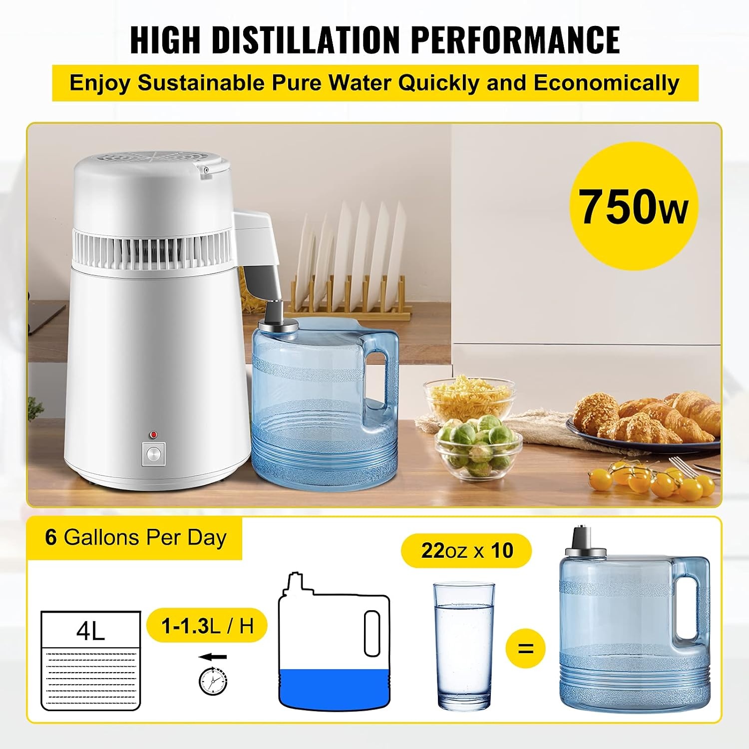 image:imageVEVOR 11Gal Water Distiller 04GalH Distilled Water Maker Machine 1750W 099H Timing Dual Temp Display 304 Stainless Steel Countertop Distiller Glass Carafe Cleaning Powder 3 Carbon Packs SilverWhite