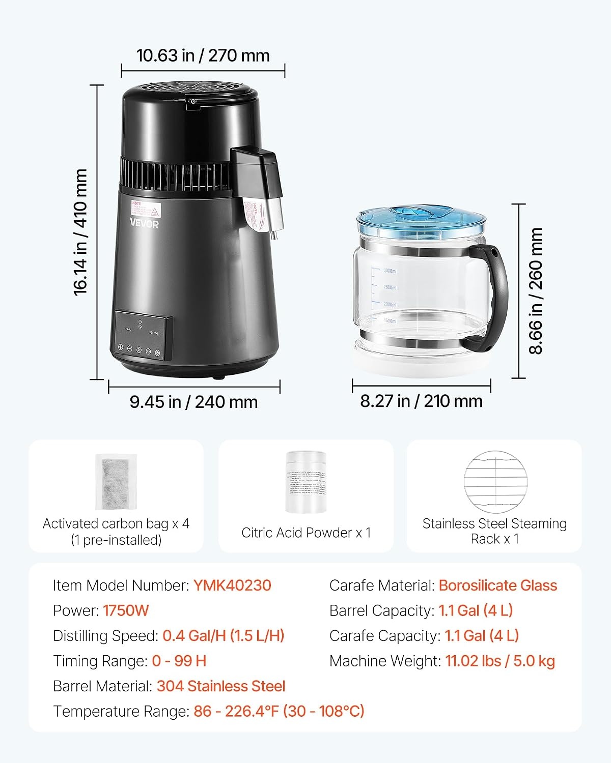 image:imageVEVOR 11Gal Water Distiller 04GalH Distilled Water Maker Machine 1750W 099H Timing Dual Temp Display 304 Stainless Steel Countertop Distiller Glass Carafe Cleaning Powder 3 Carbon Packs SilverGrey