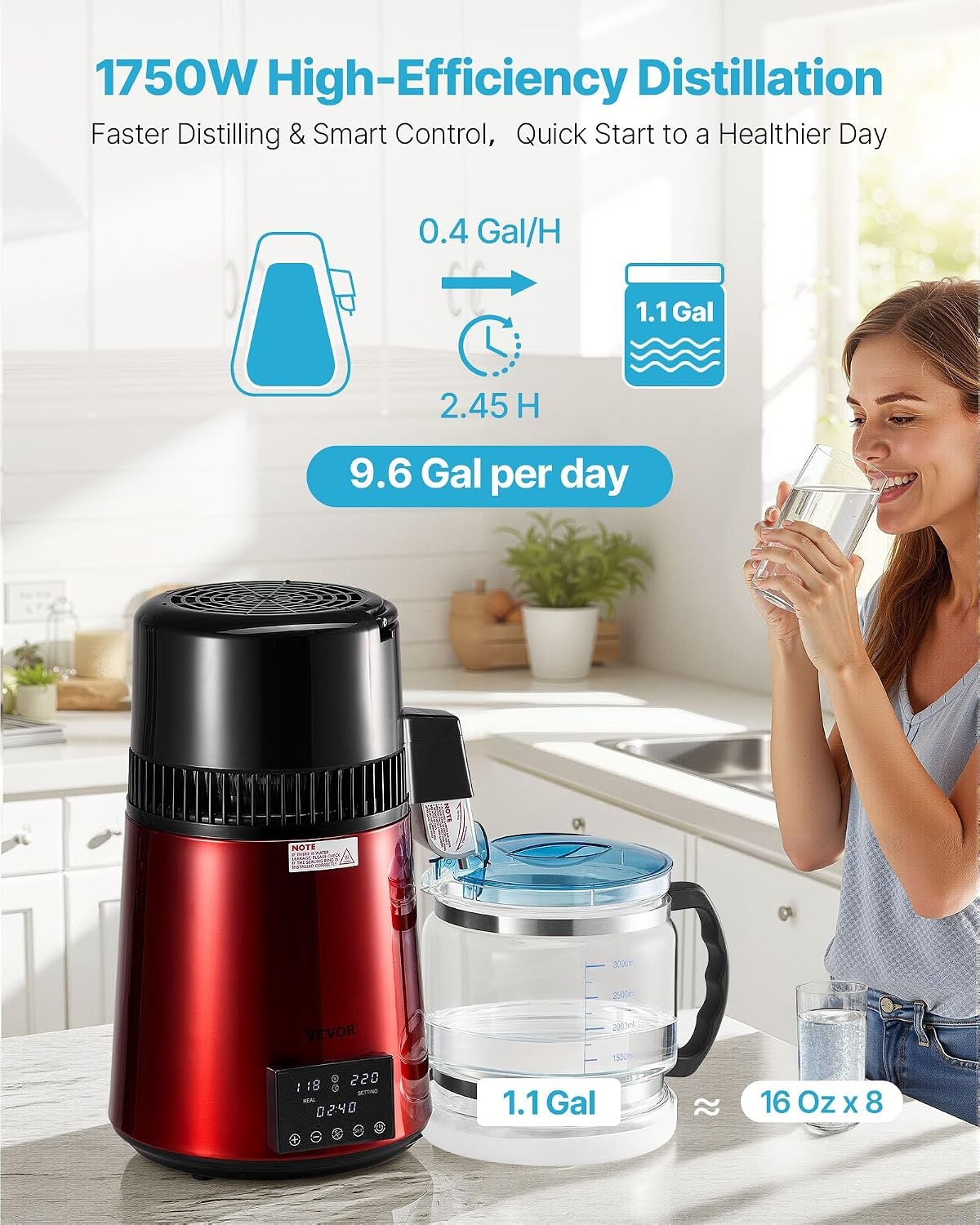 image:imageVEVOR 11Gal Water Distiller 04GalH Distilled Water Maker Machine 1750W 099H Timing Dual Temp Display 304 Stainless Steel Countertop Distiller Glass Carafe Cleaning Powder 3 Carbon Packs SilverRed