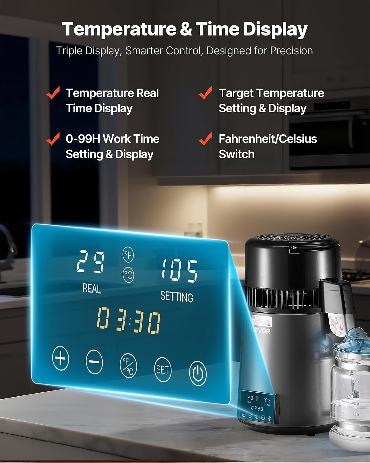 image:imageVEVOR 11Gal Water Distiller 04GalH Distilled Water Maker Machine 1750W 099H Timing Dual Temp Display 304 Stainless Steel Countertop Distiller Glass Carafe Cleaning Powder 3 Carbon Packs SilverGrey