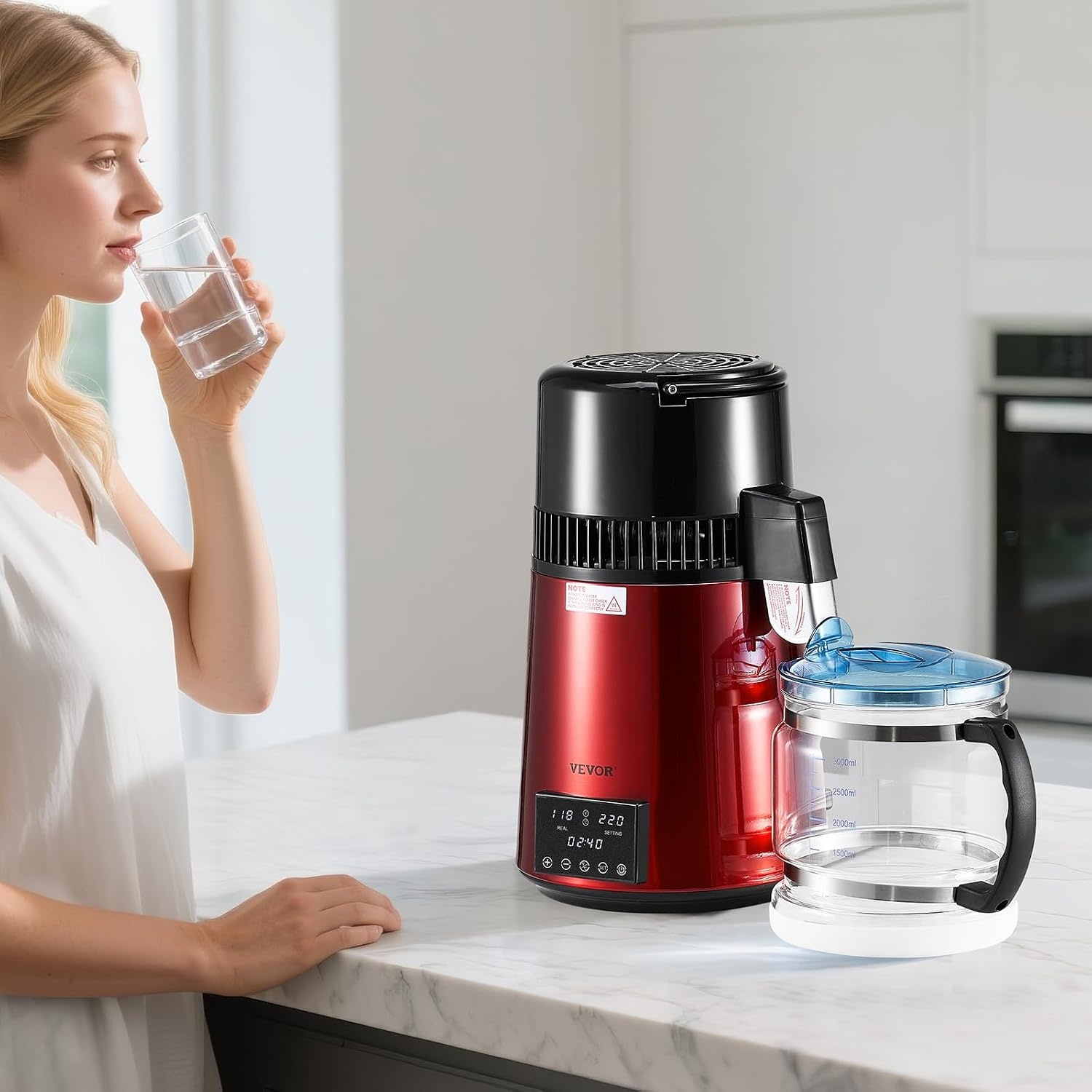 image:imageVEVOR 11Gal Water Distiller 04GalH Distilled Water Maker Machine 1750W 099H Timing Dual Temp Display 304 Stainless Steel Countertop Distiller Glass Carafe Cleaning Powder 3 Carbon Packs SilverRed