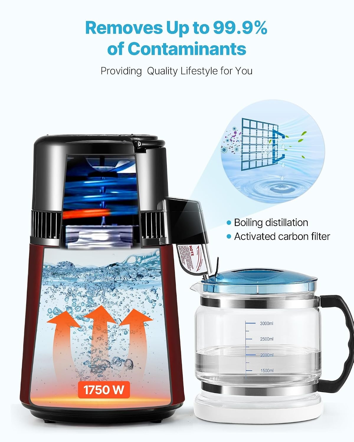 image:imageVEVOR 11Gal Water Distiller 04GalH Distilled Water Maker Machine 1750W 099H Timing Dual Temp Display 304 Stainless Steel Countertop Distiller Glass Carafe Cleaning Powder 3 Carbon Packs SilverRed
